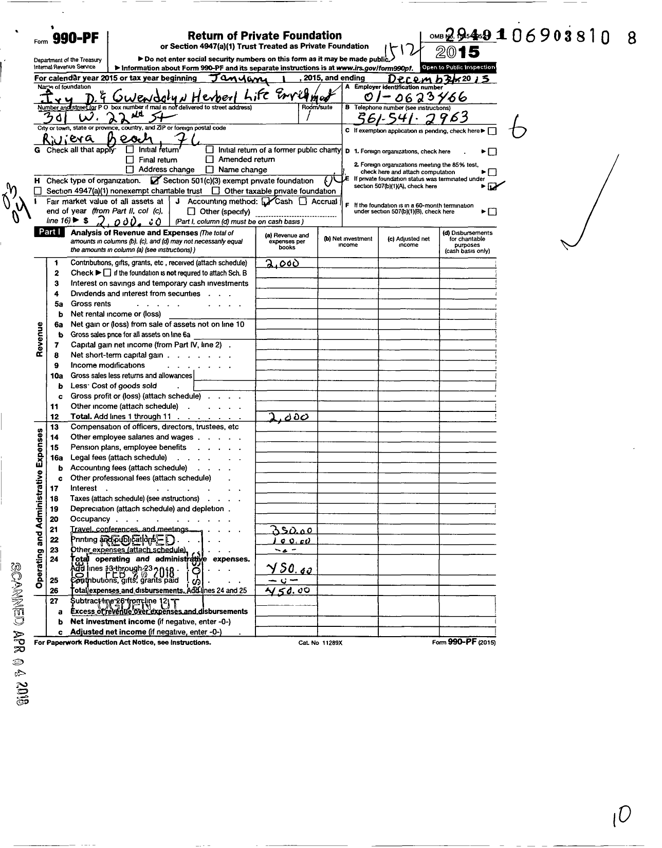 Image of first page of 2015 Form 990PF for Iry D and Gwendolyn Herbert Life Enrich Center
