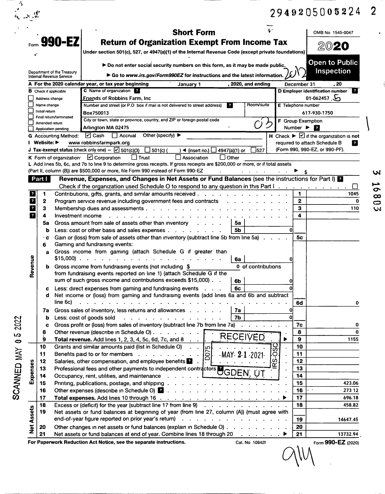 Image of first page of 2020 Form 990EZ for Friends of Robbins Farm Park