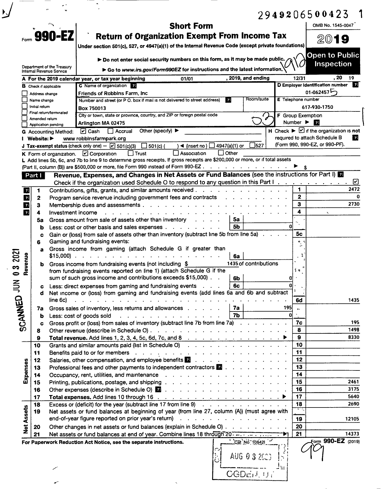 Image of first page of 2019 Form 990EZ for Friends of Robbins Farm Park