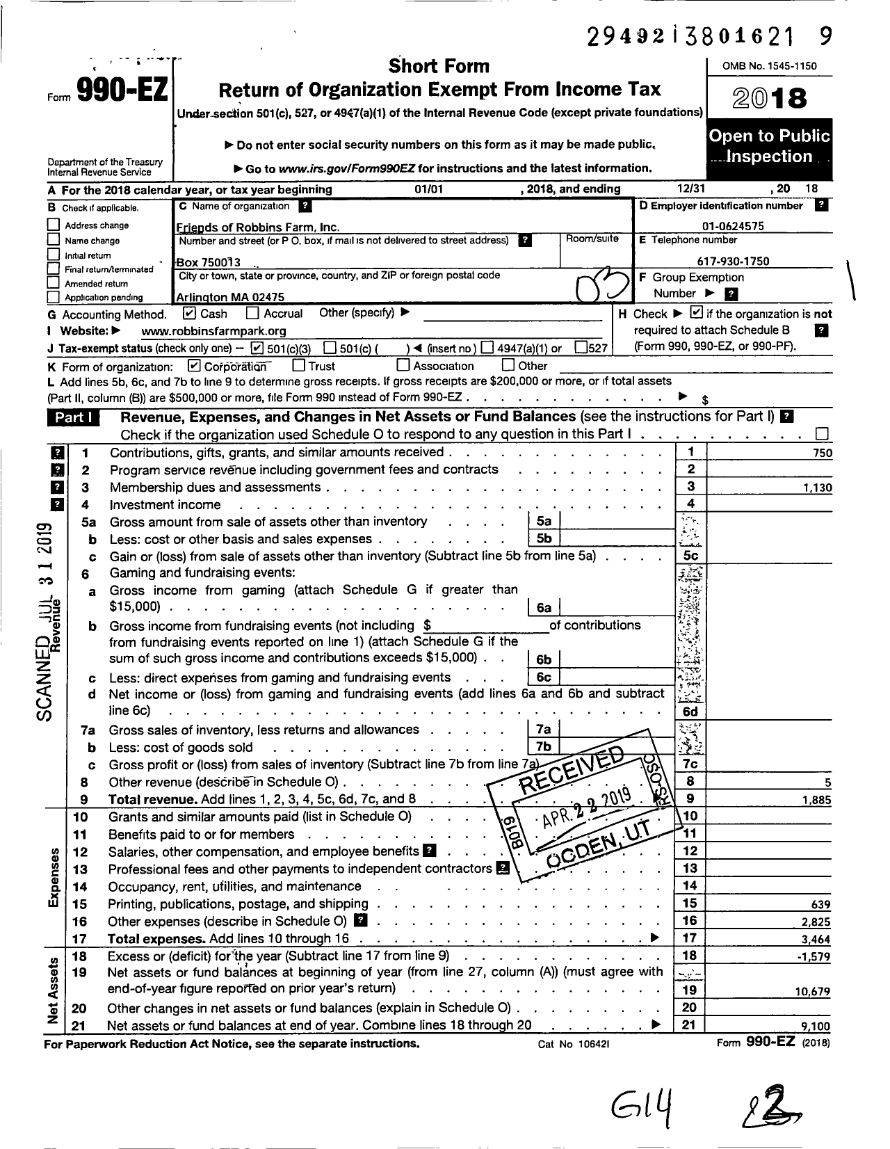 Image of first page of 2018 Form 990EZ for Friends of Robbins Farm Park