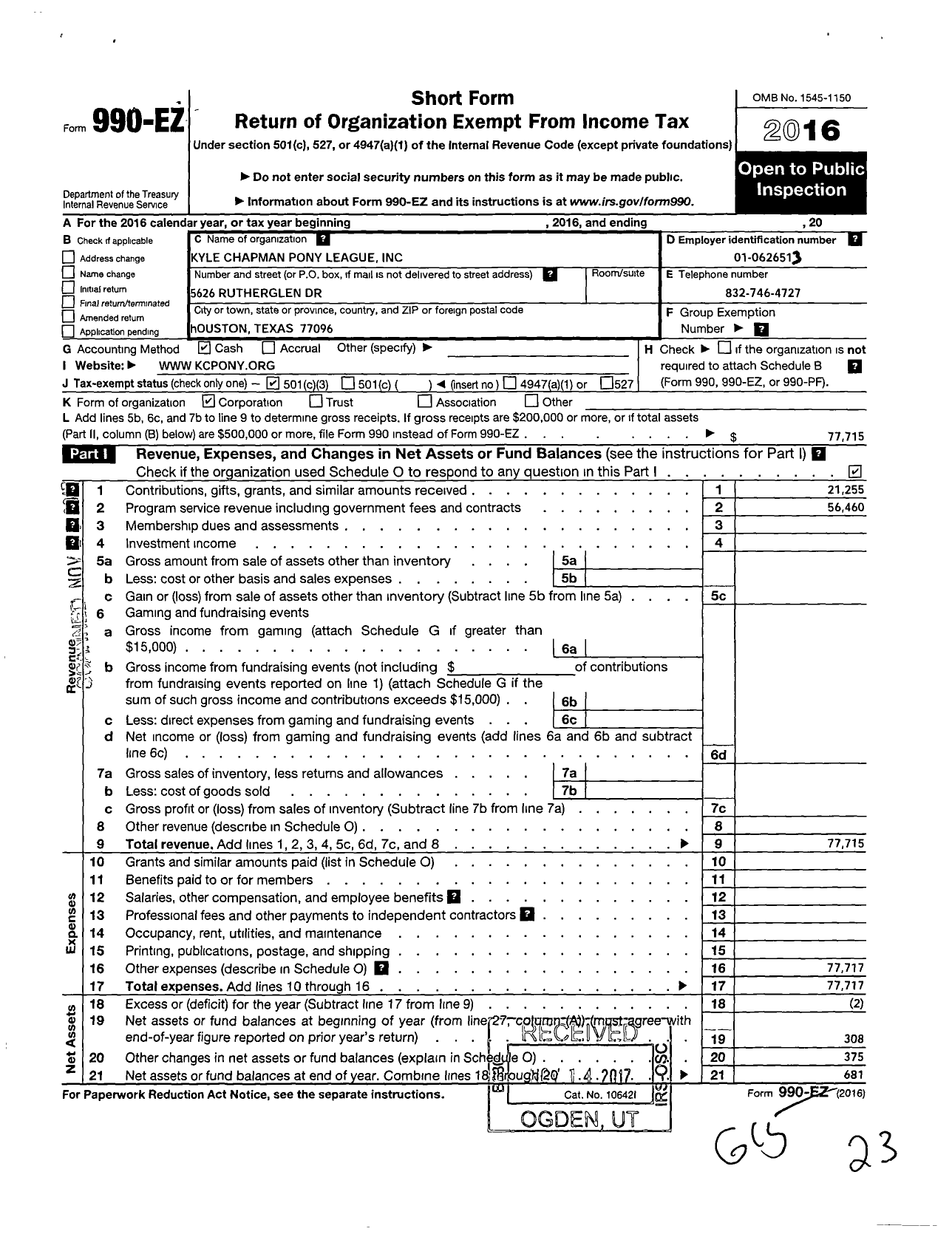 Image of first page of 2016 Form 990EZ for Kyle Chapman Pony League