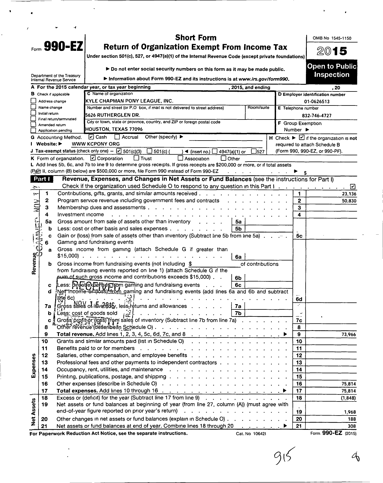 Image of first page of 2015 Form 990EZ for Kyle Chapman Pony League