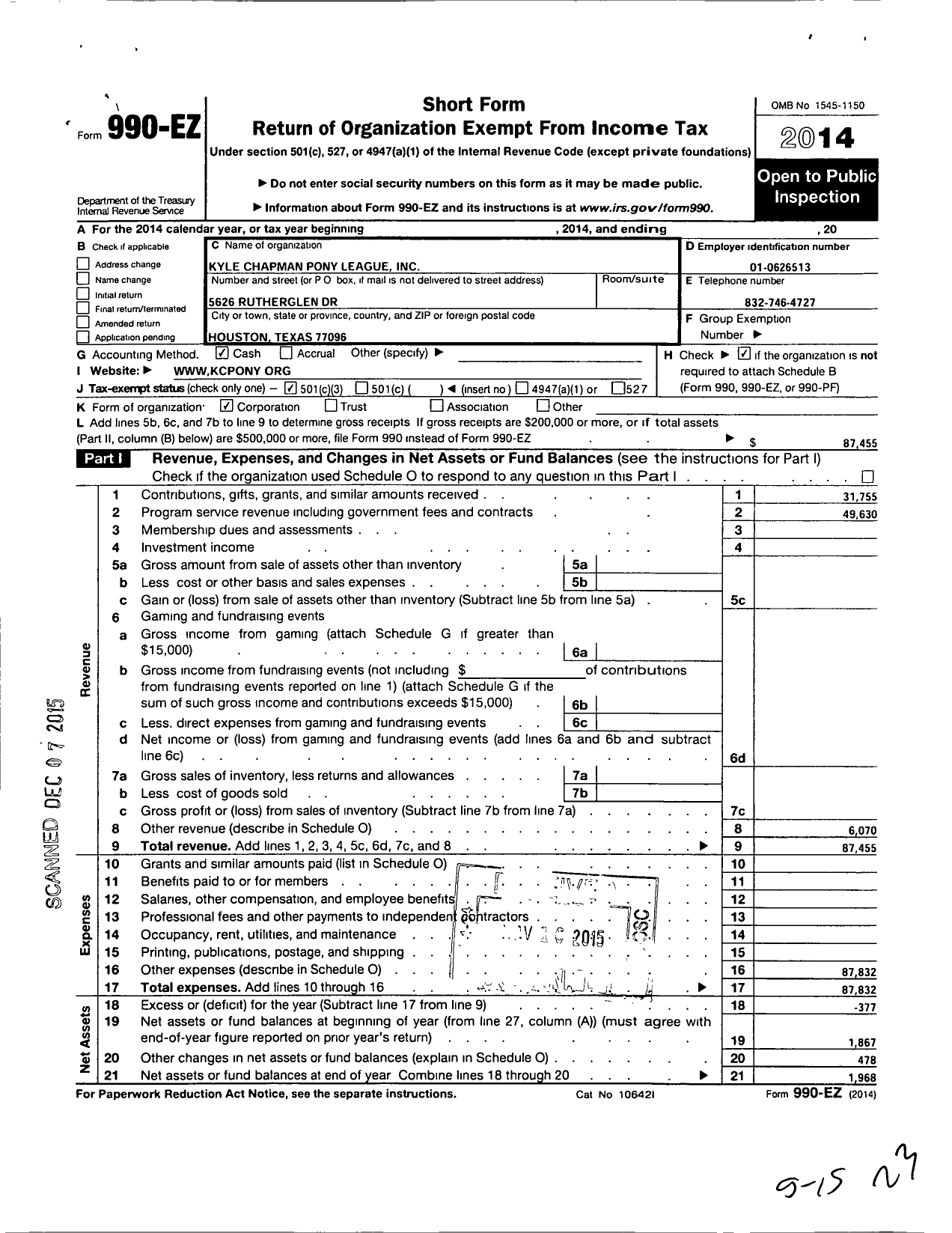 Image of first page of 2014 Form 990EZ for Kyle Chapman Pony League