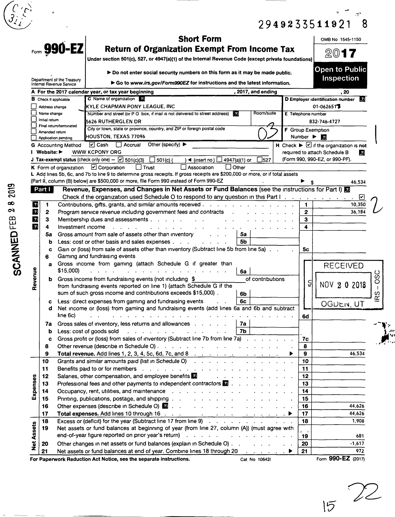 Image of first page of 2017 Form 990EZ for Kyle Chapman Pony League