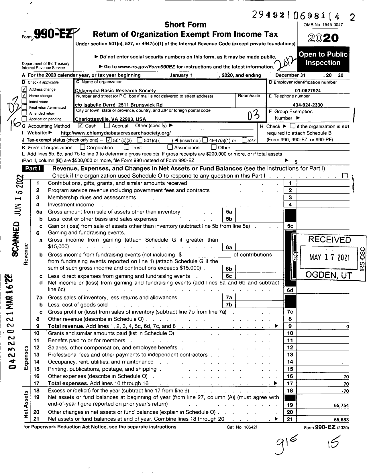 Image of first page of 2020 Form 990EZ for Chlamydia Basic Research Society