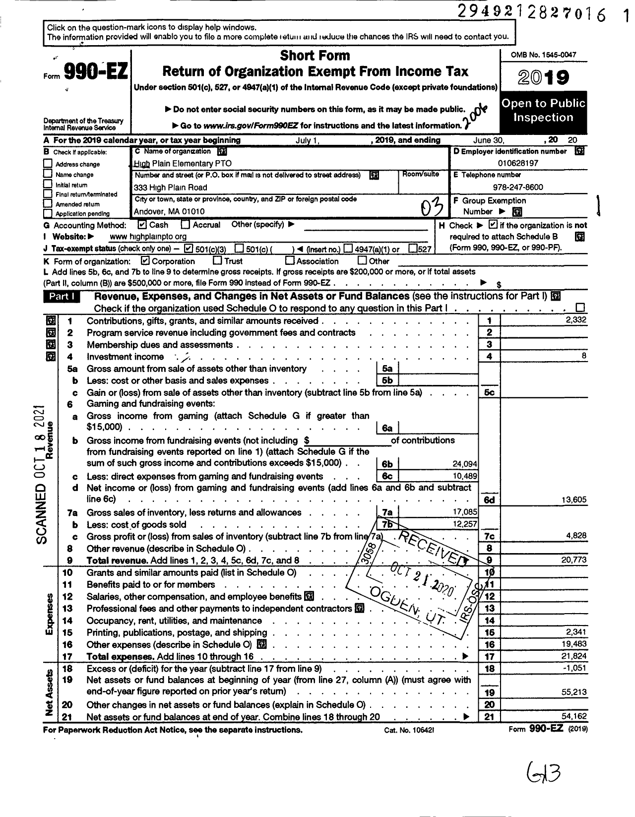 Image of first page of 2019 Form 990EZ for High Plain Elementary Parent Teacher Organization