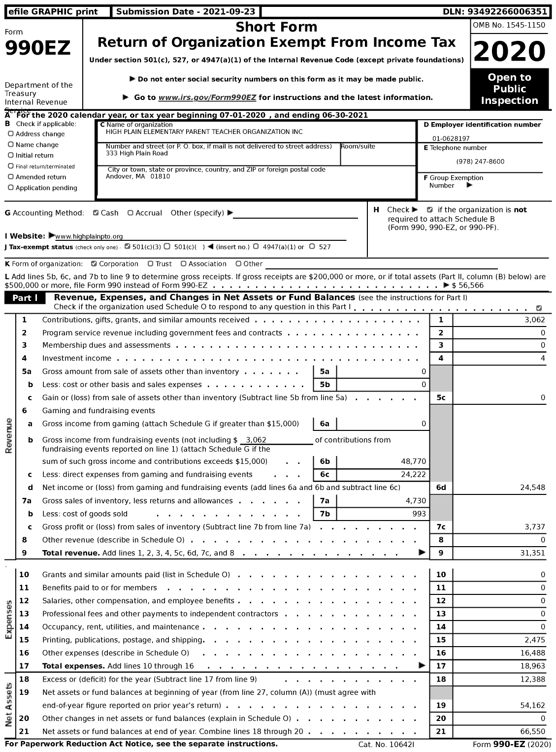 Image of first page of 2020 Form 990EZ for High Plain Elementary Parent Teacher Organization