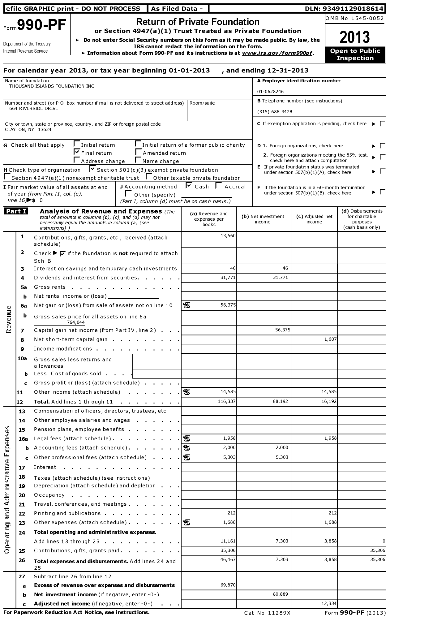 Image of first page of 2013 Form 990PF for Thousand Islands Foundation