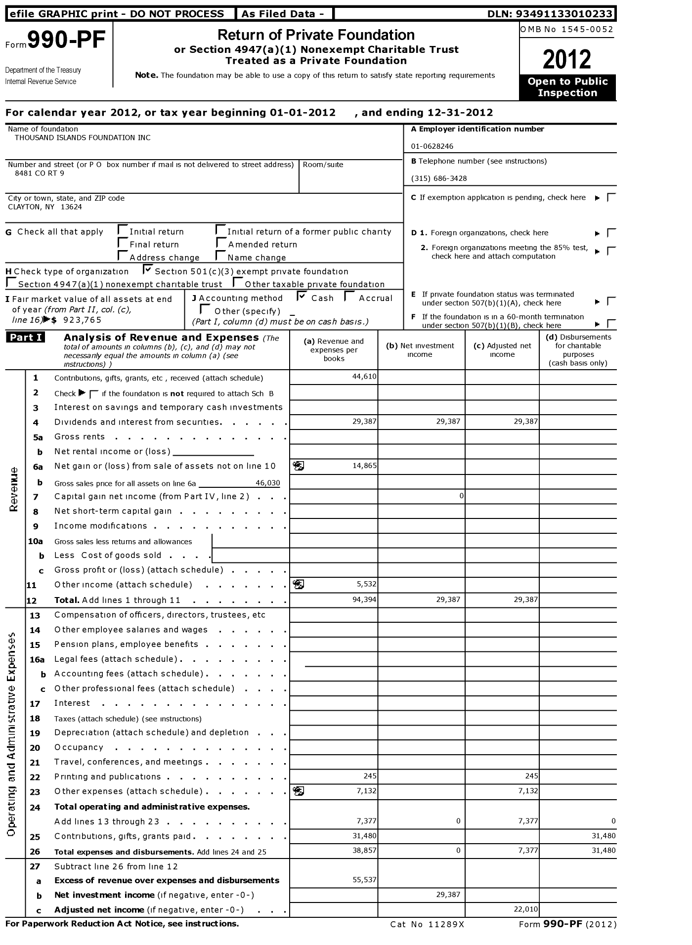 Image of first page of 2012 Form 990PF for Thousand Islands Foundation