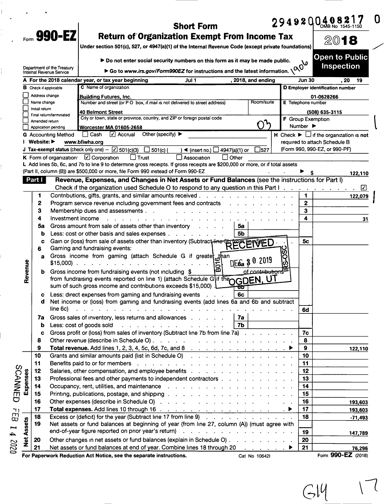 Image of first page of 2018 Form 990EZ for Building Futures