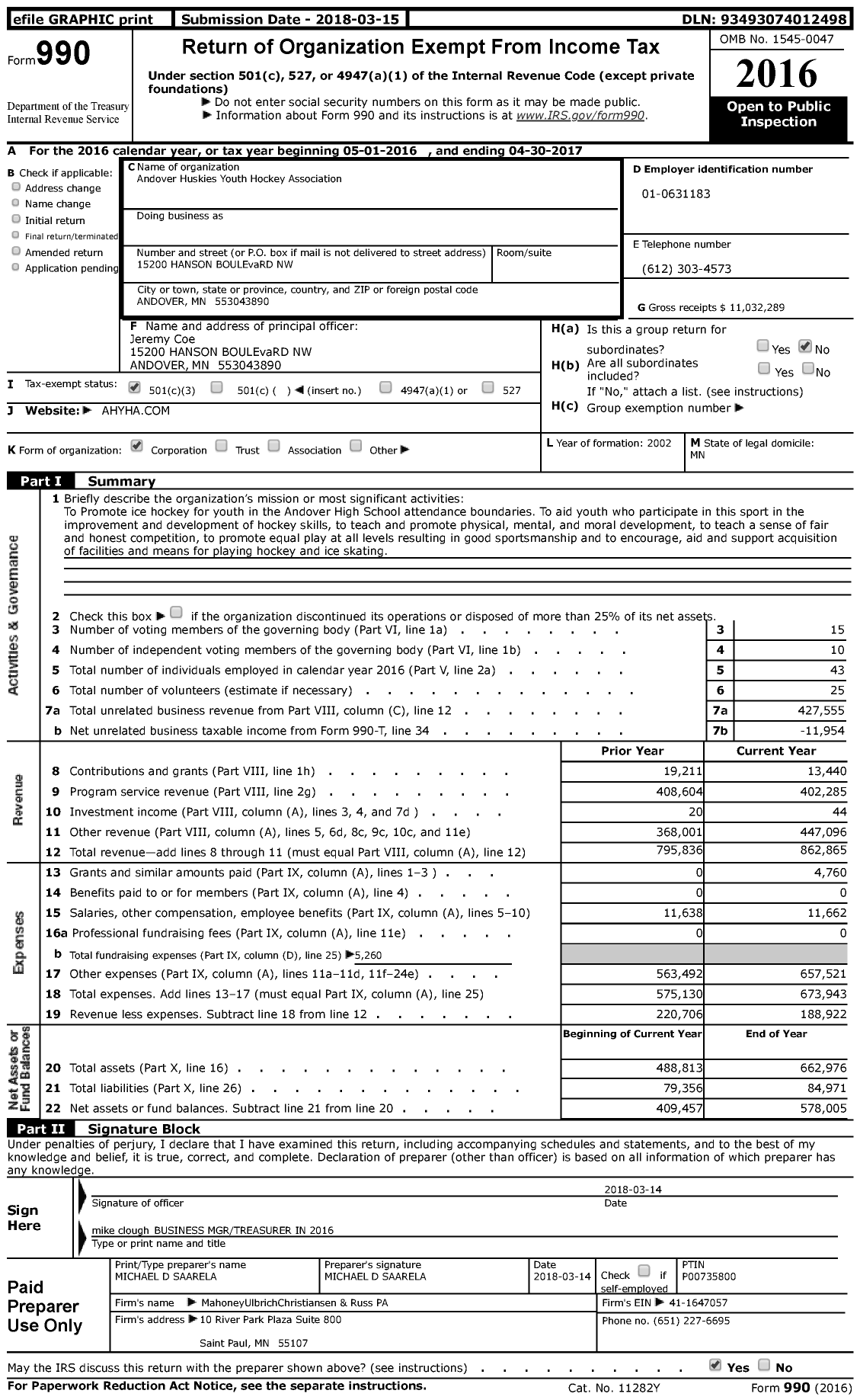 Image of first page of 2016 Form 990 for Andover Huskies Youth Hockey Association