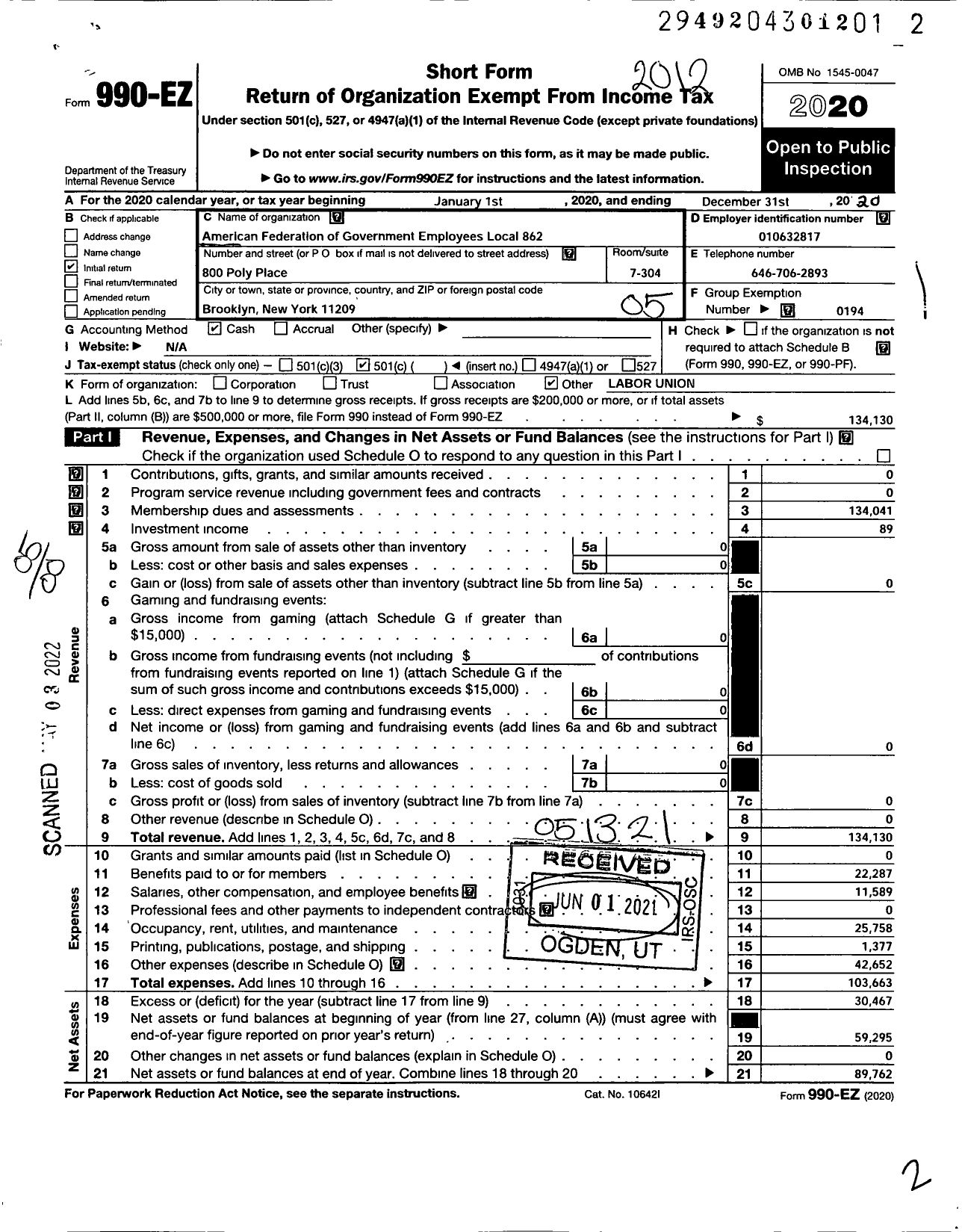 Image of first page of 2020 Form 990EO for AMERICAN FEDERATION OF GOVERNMENT EMPLOYEES - 862 Afge-Local