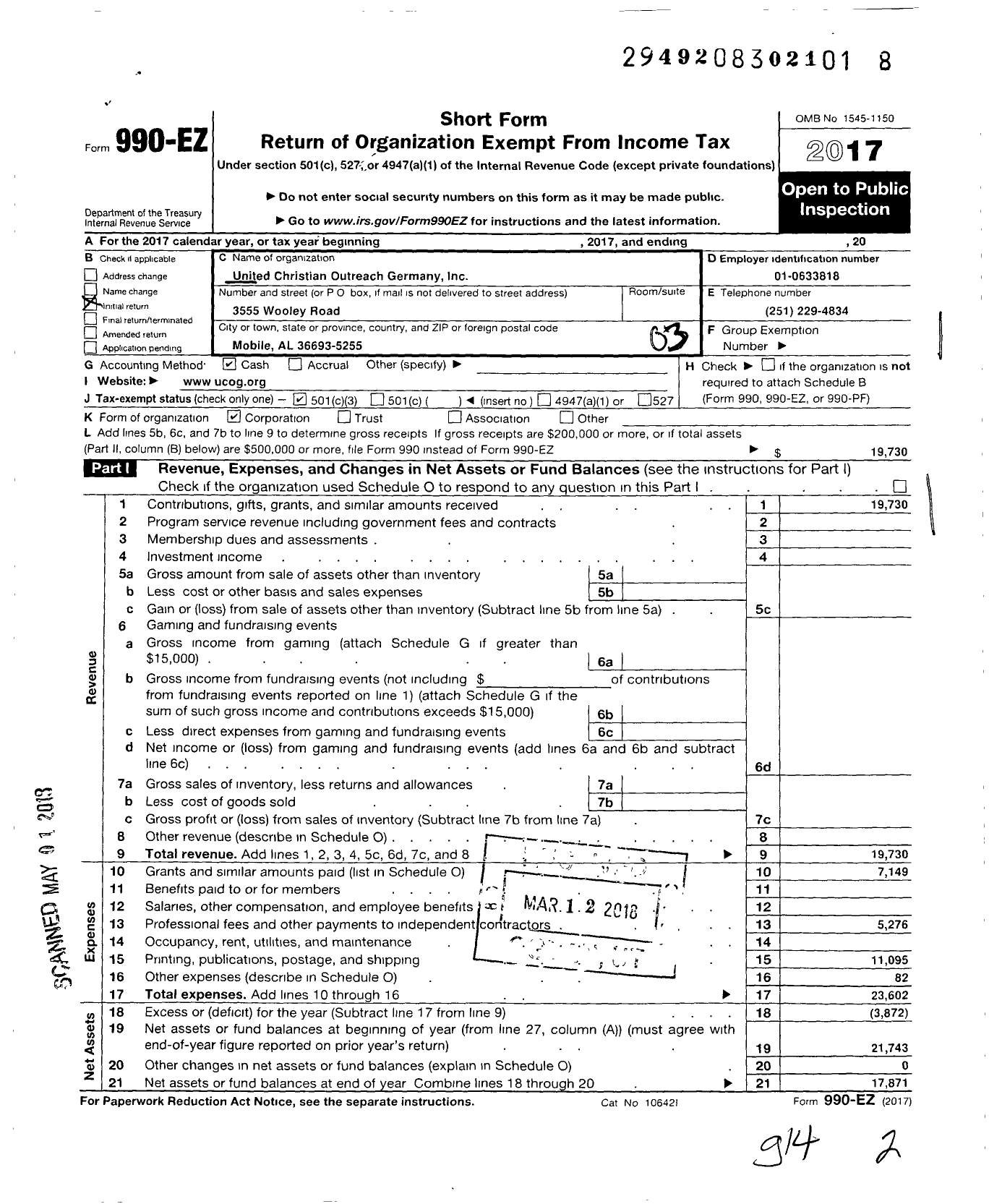 Image of first page of 2017 Form 990EZ for United Christian Outreach Germany