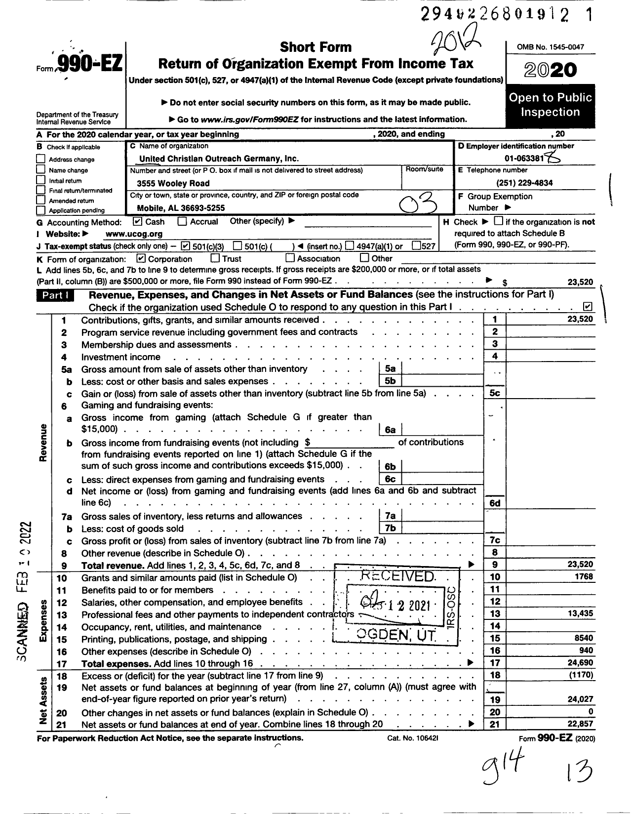 Image of first page of 2020 Form 990EZ for United Christian Outreach Germany