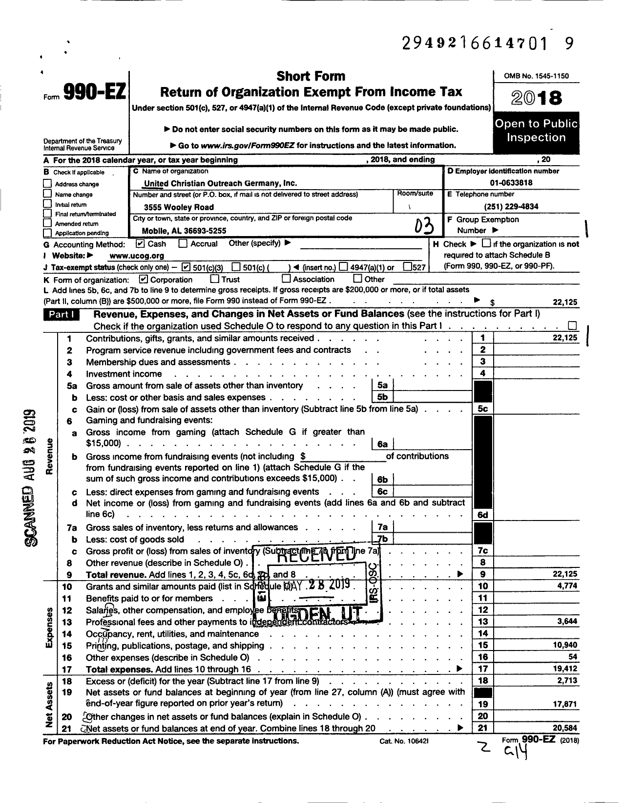 Image of first page of 2018 Form 990EZ for United Christian Outreach Germany