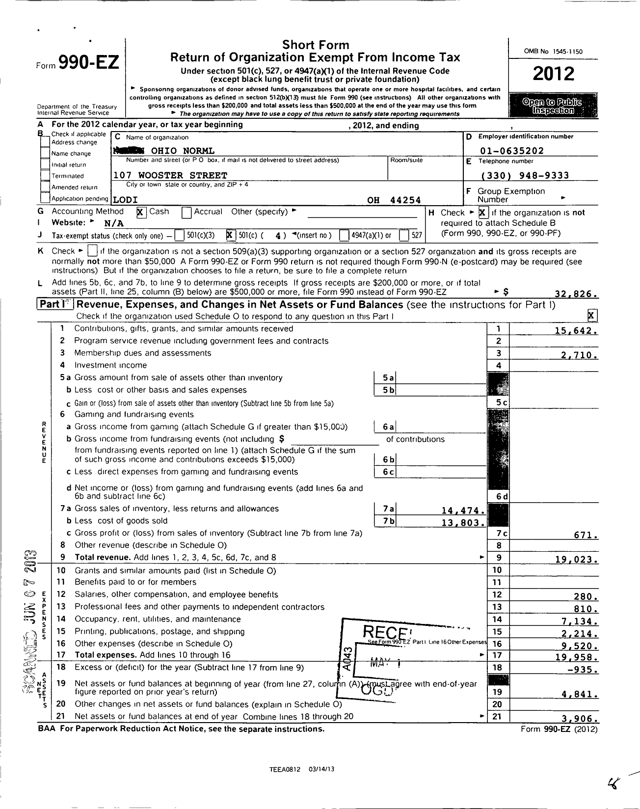 Image of first page of 2012 Form 990EO for Ohio Norml