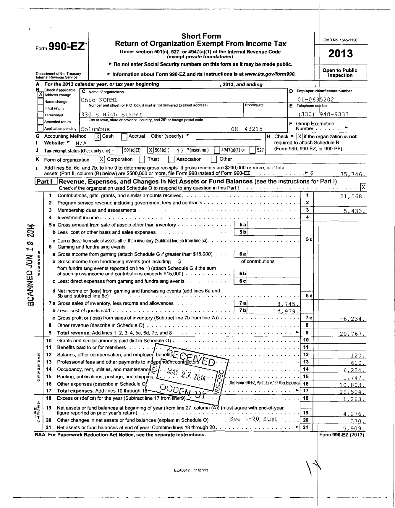 Image of first page of 2013 Form 990EO for Ohio Norml