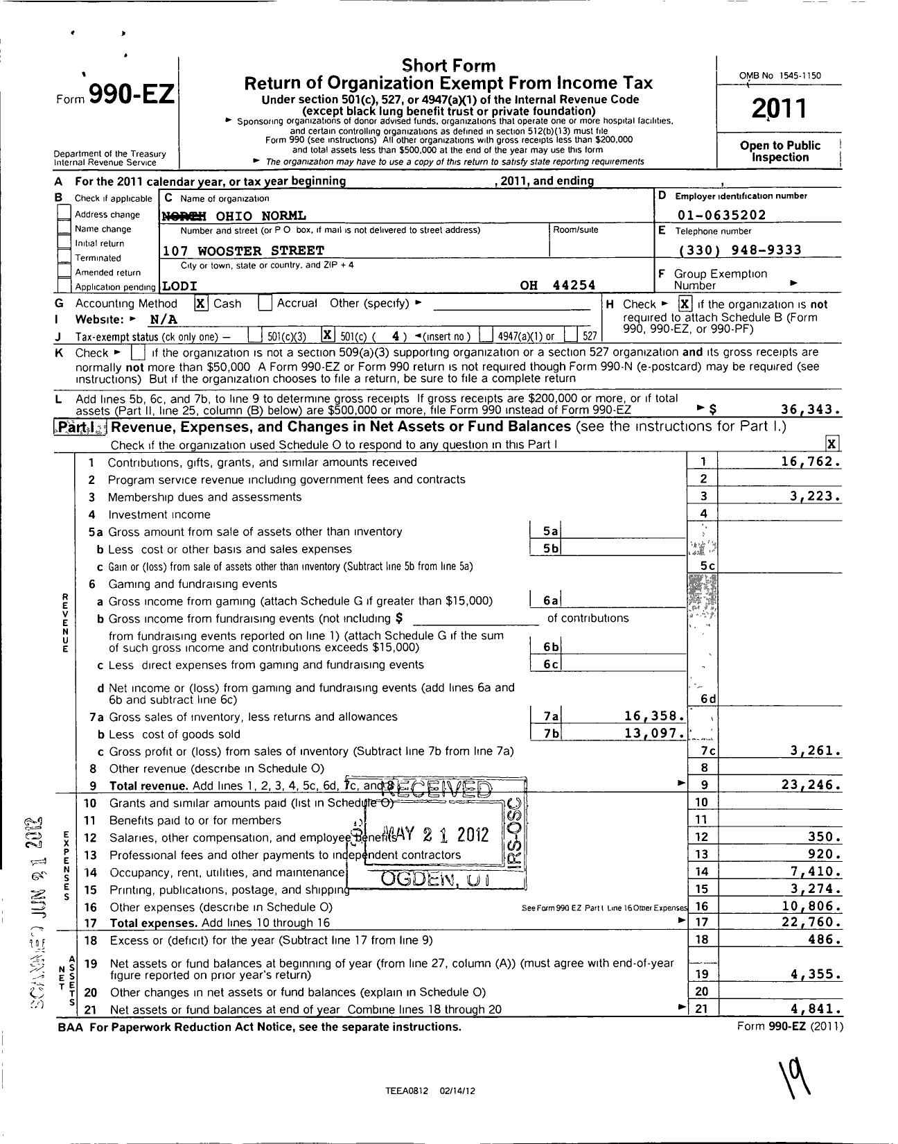 Image of first page of 2011 Form 990EO for Ohio Norml