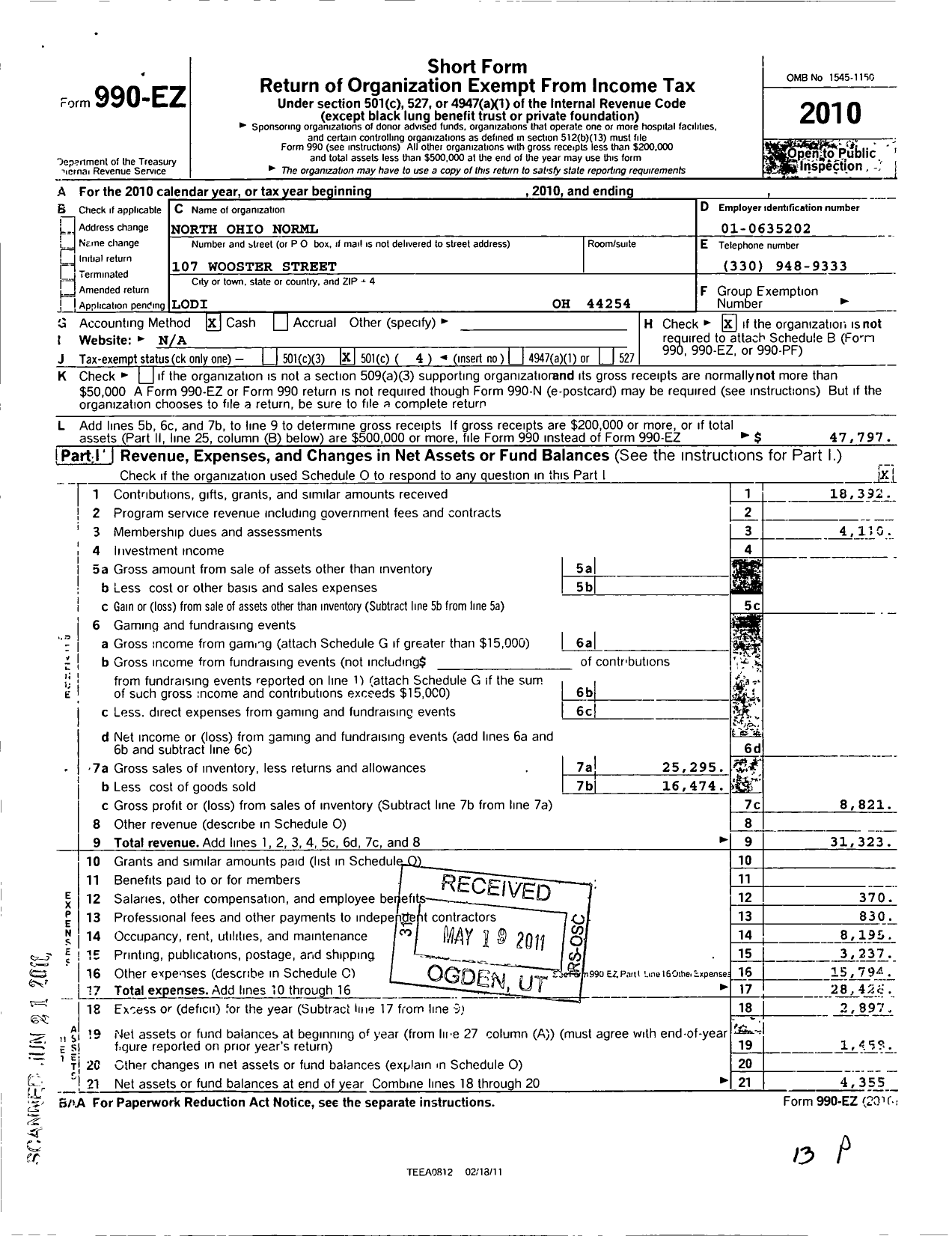 Image of first page of 2010 Form 990EO for Ohio Norml