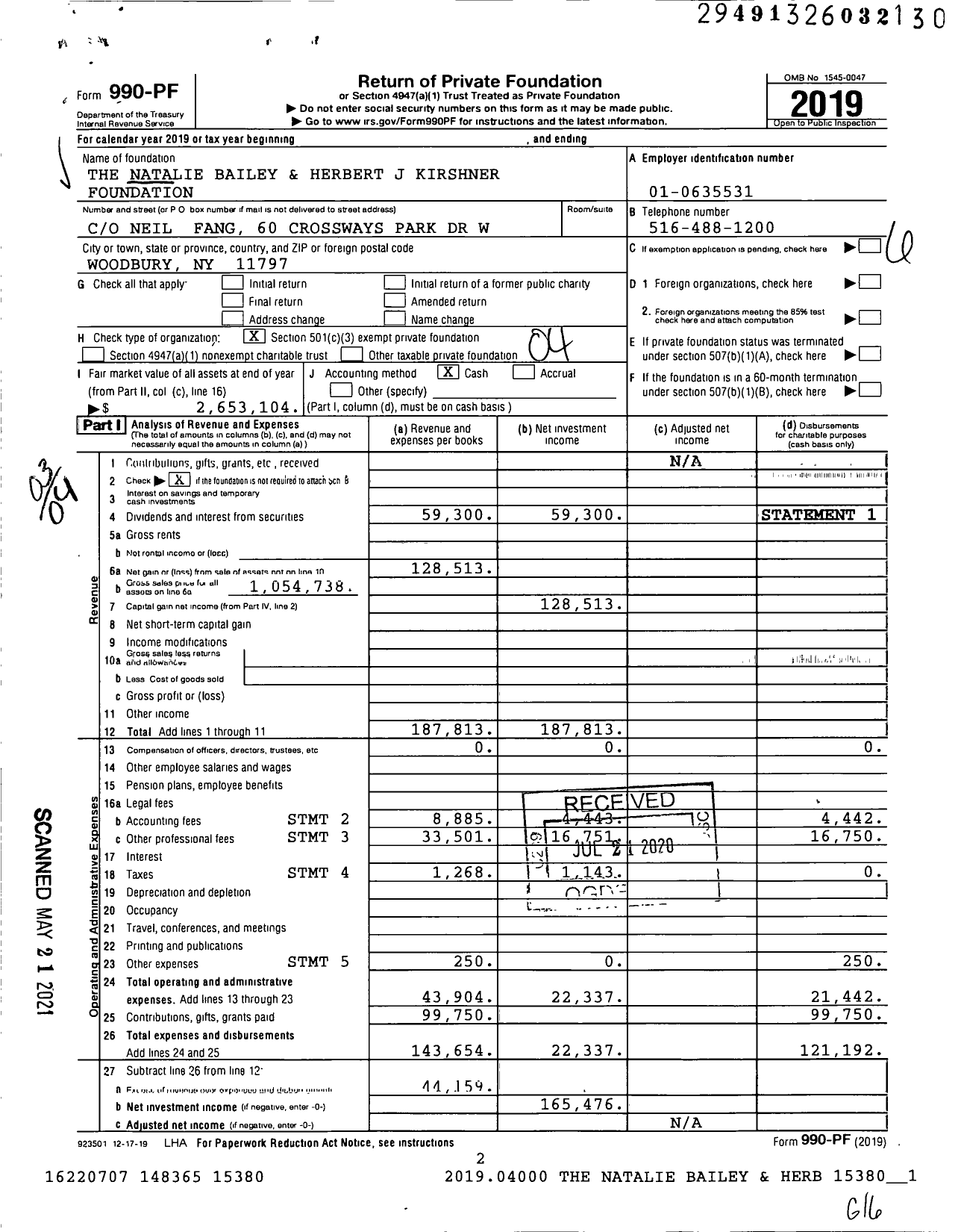 Image of first page of 2019 Form 990PF for The Natalie Bailey and Herbert J Kirshner Foundation