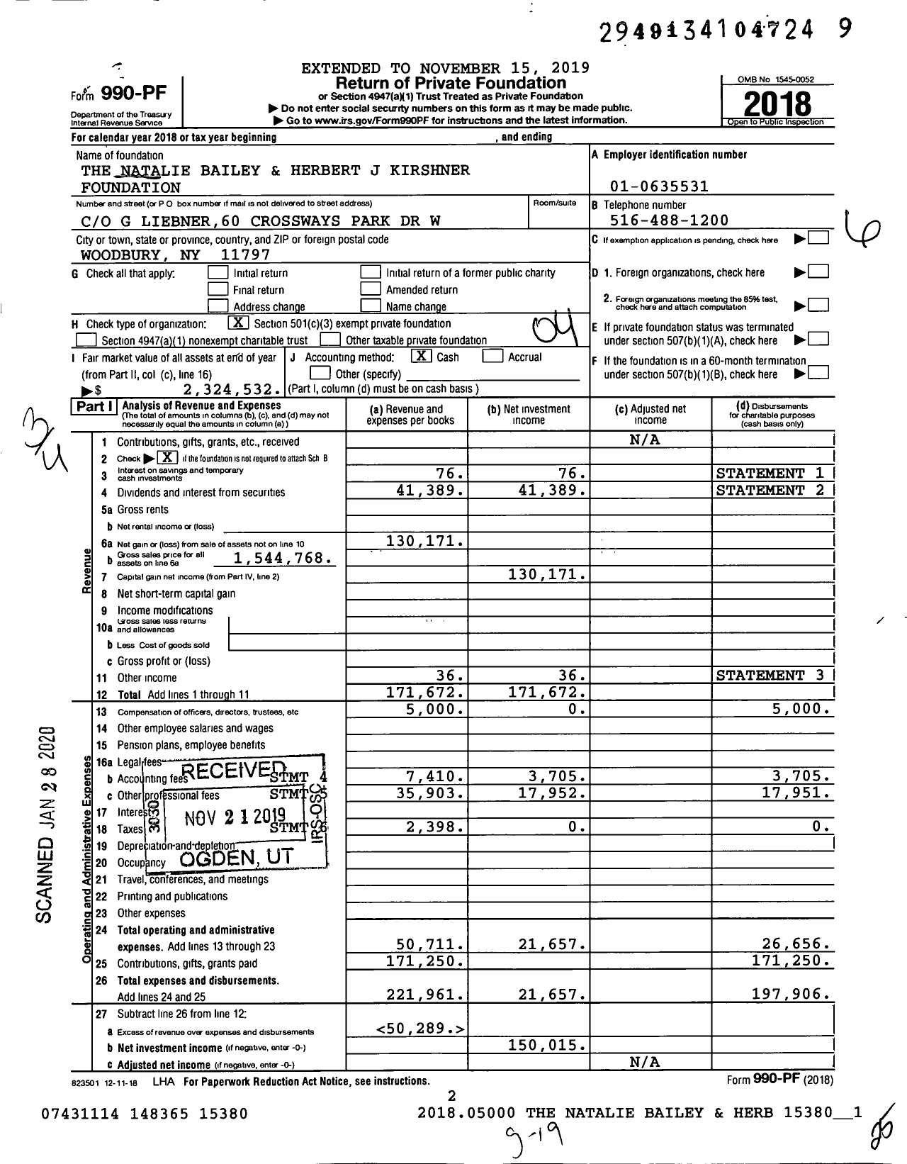 Image of first page of 2018 Form 990PF for The Natalie Bailey and Herbert J Kirshner Foundation
