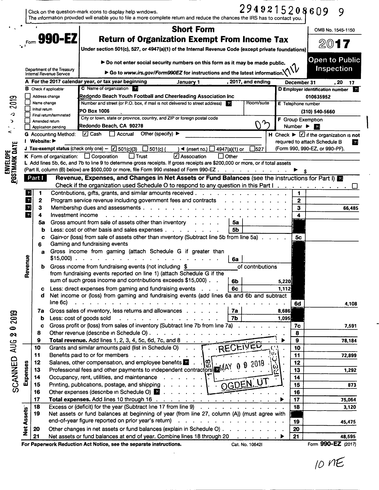 Image of first page of 2017 Form 990EZ for Beach Cities Pop Warner