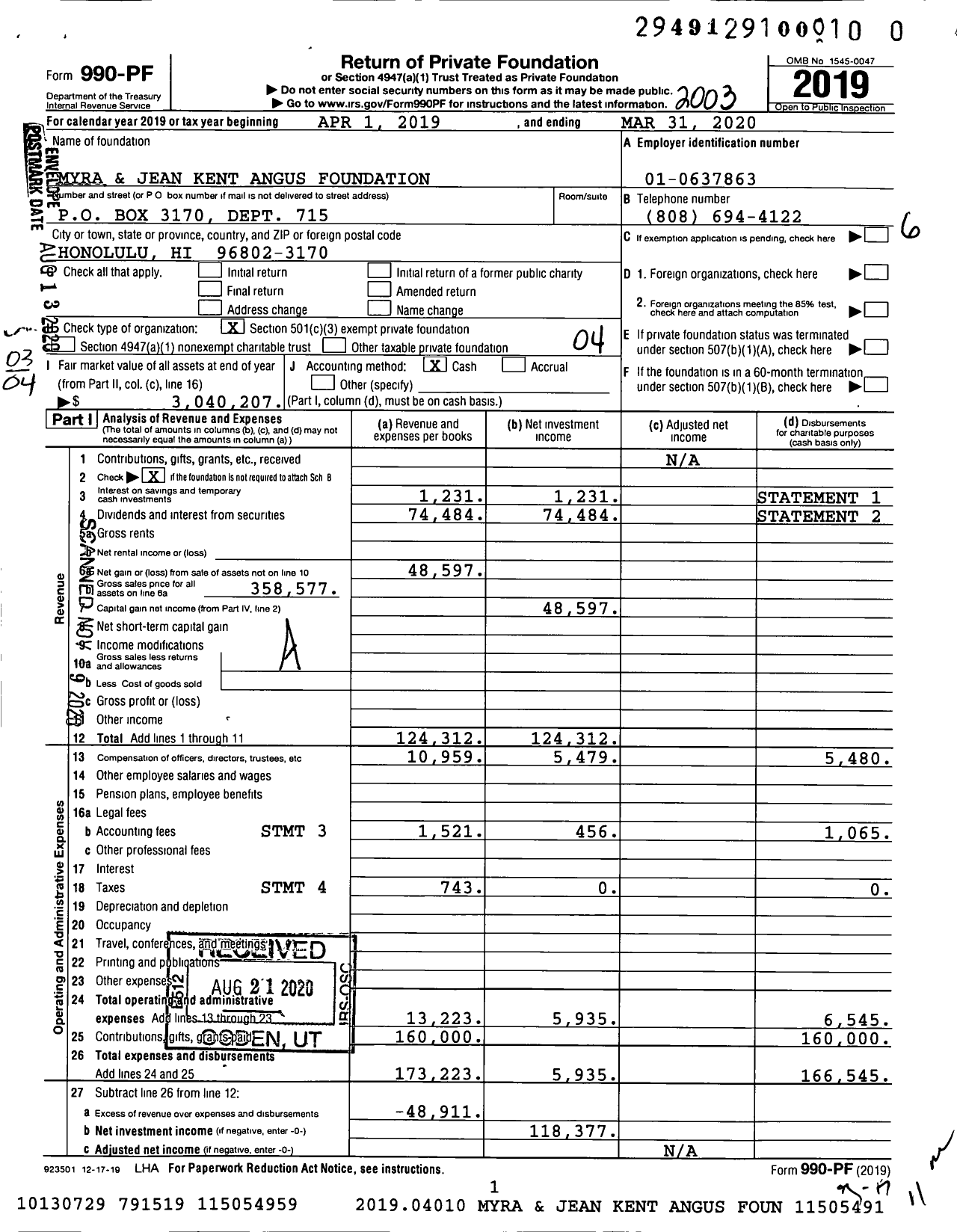 Image of first page of 2019 Form 990PF for Myra W and Jean Kent Angus Foundation