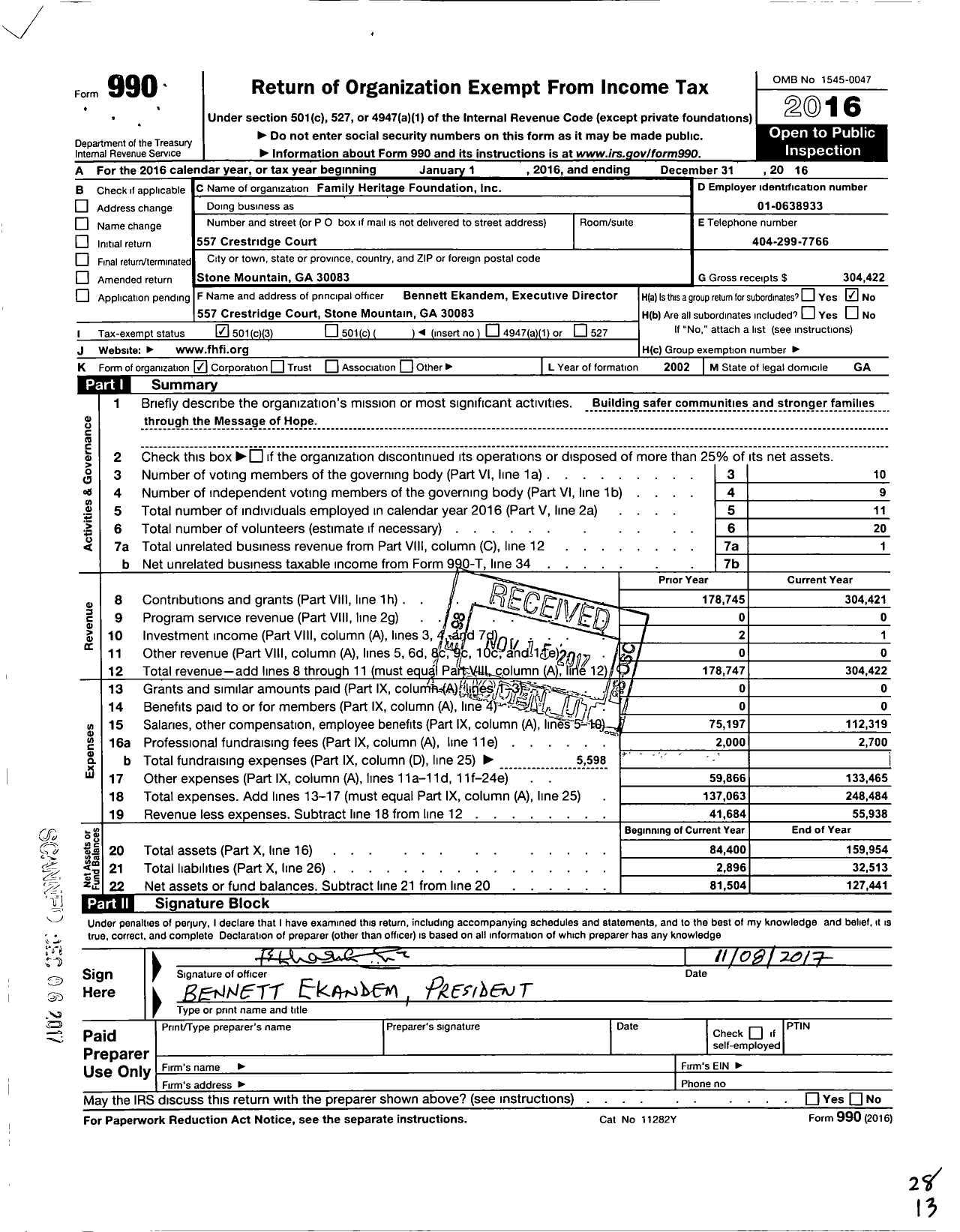 Image of first page of 2016 Form 990 for Family Heritage Foundation
