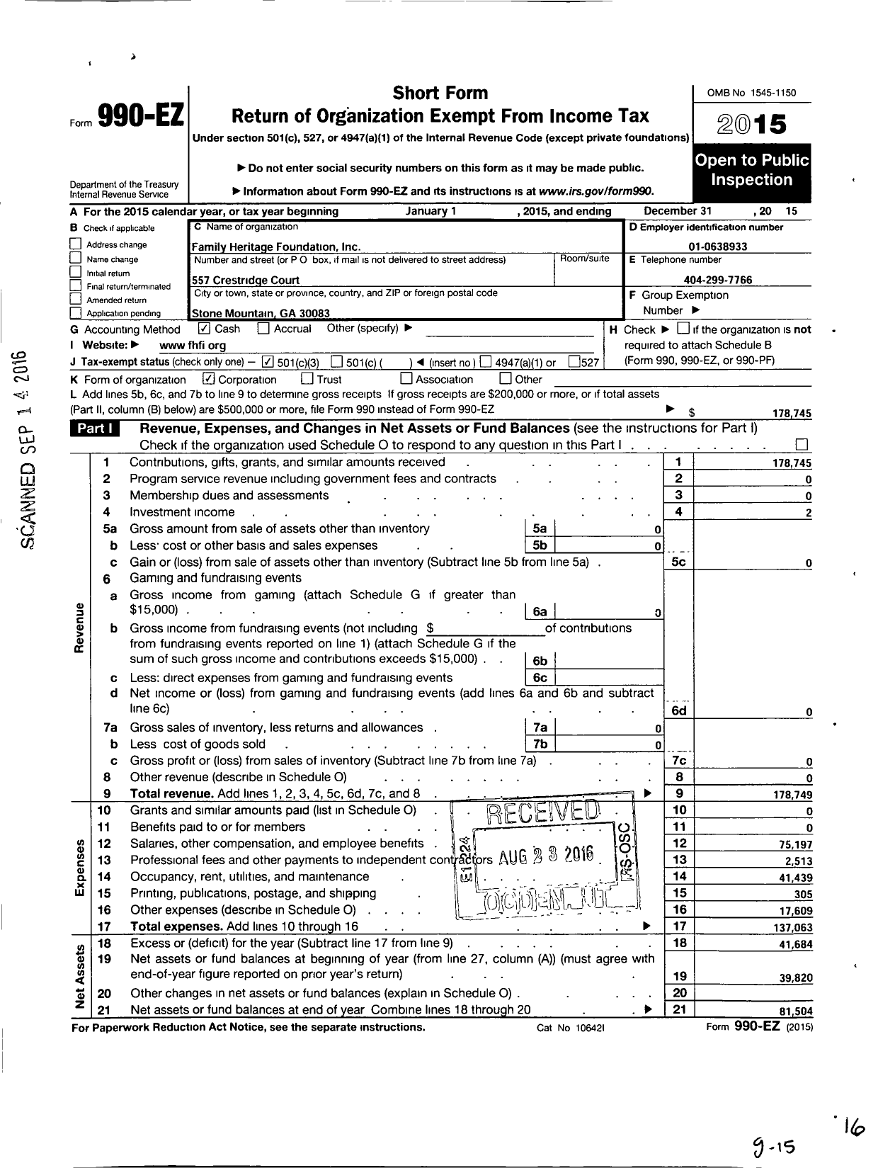 Image of first page of 2015 Form 990EZ for Family Heritage Foundation