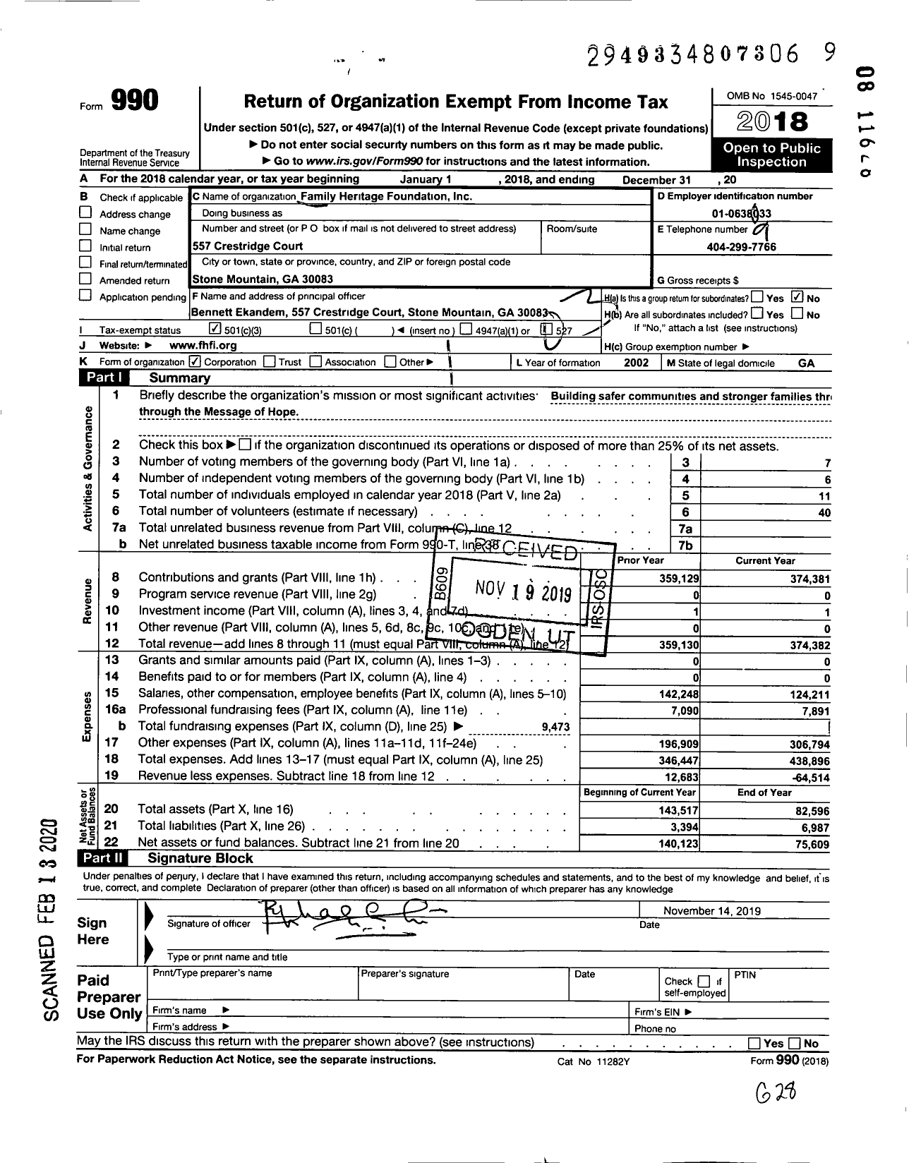 Image of first page of 2018 Form 990 for Family Heritage Foundation