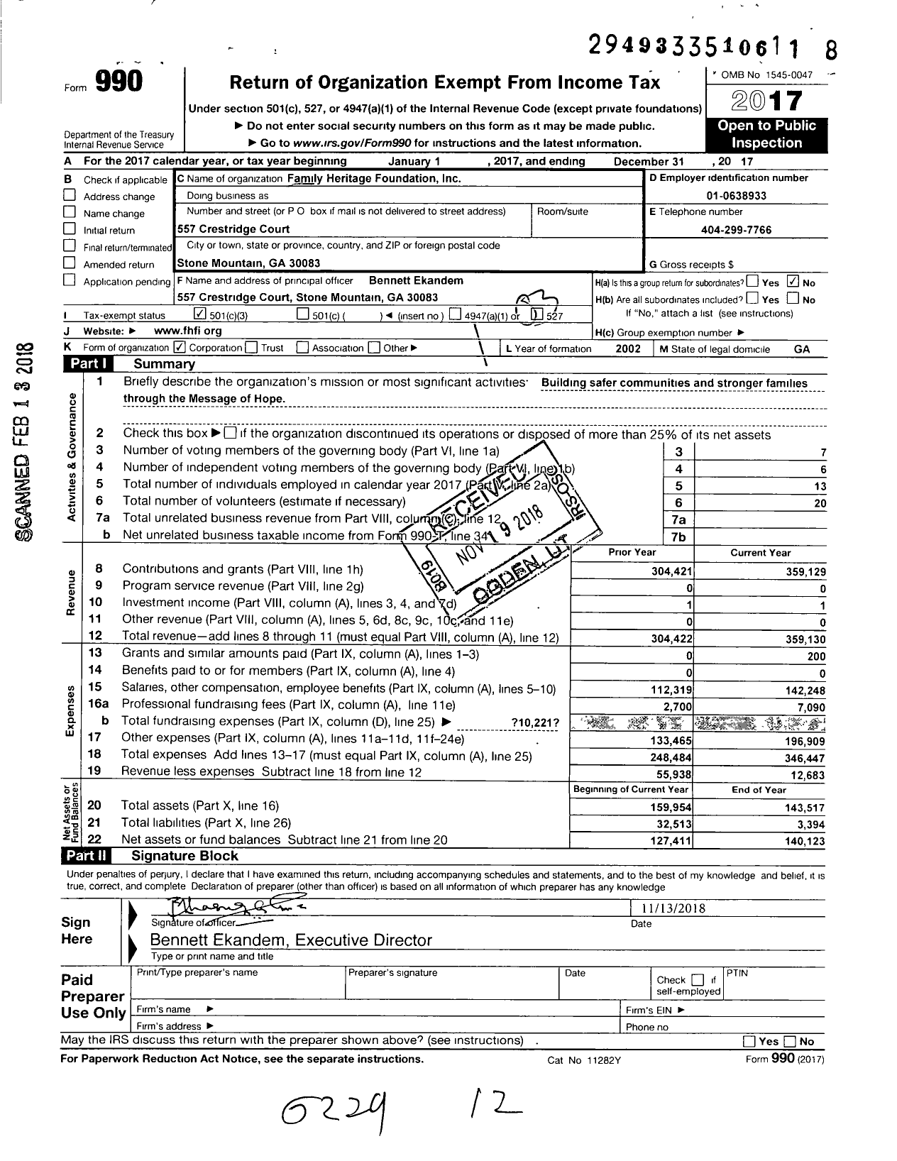 Image of first page of 2017 Form 990 for Family Heritage Foundation