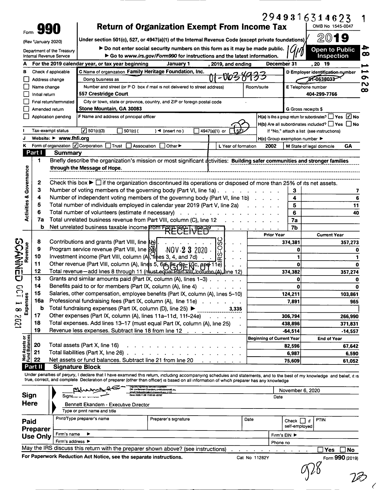 Image of first page of 2019 Form 990 for Family Heritage Foundation