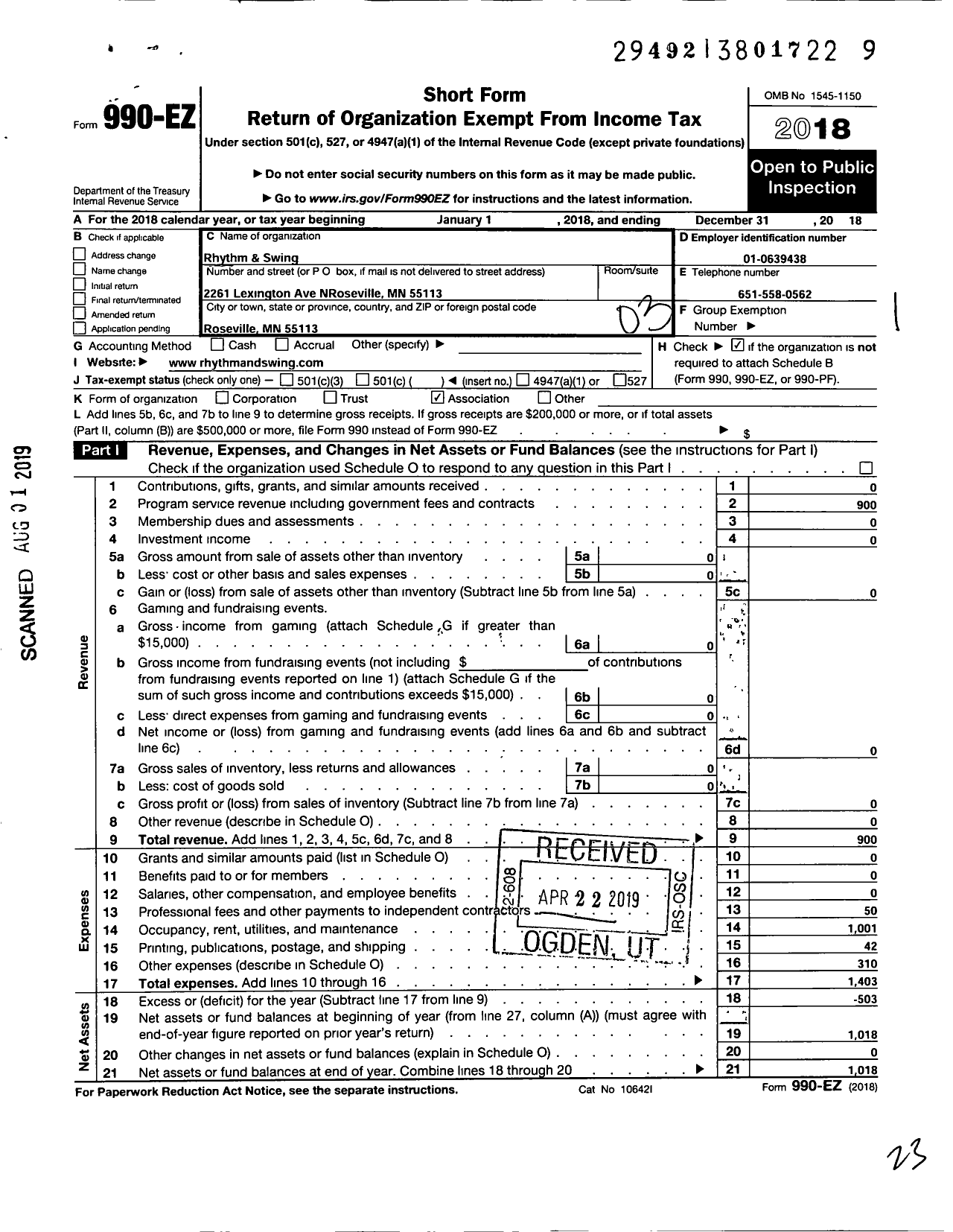 Image of first page of 2018 Form 990EZ for Rhythm and Swing