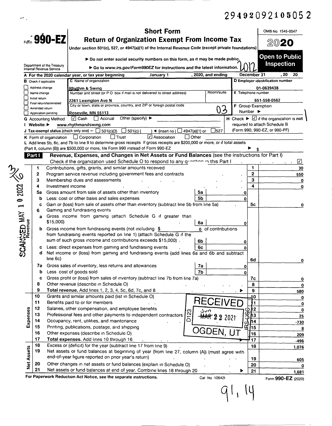 Image of first page of 2020 Form 990EZ for Rhythm and Swing