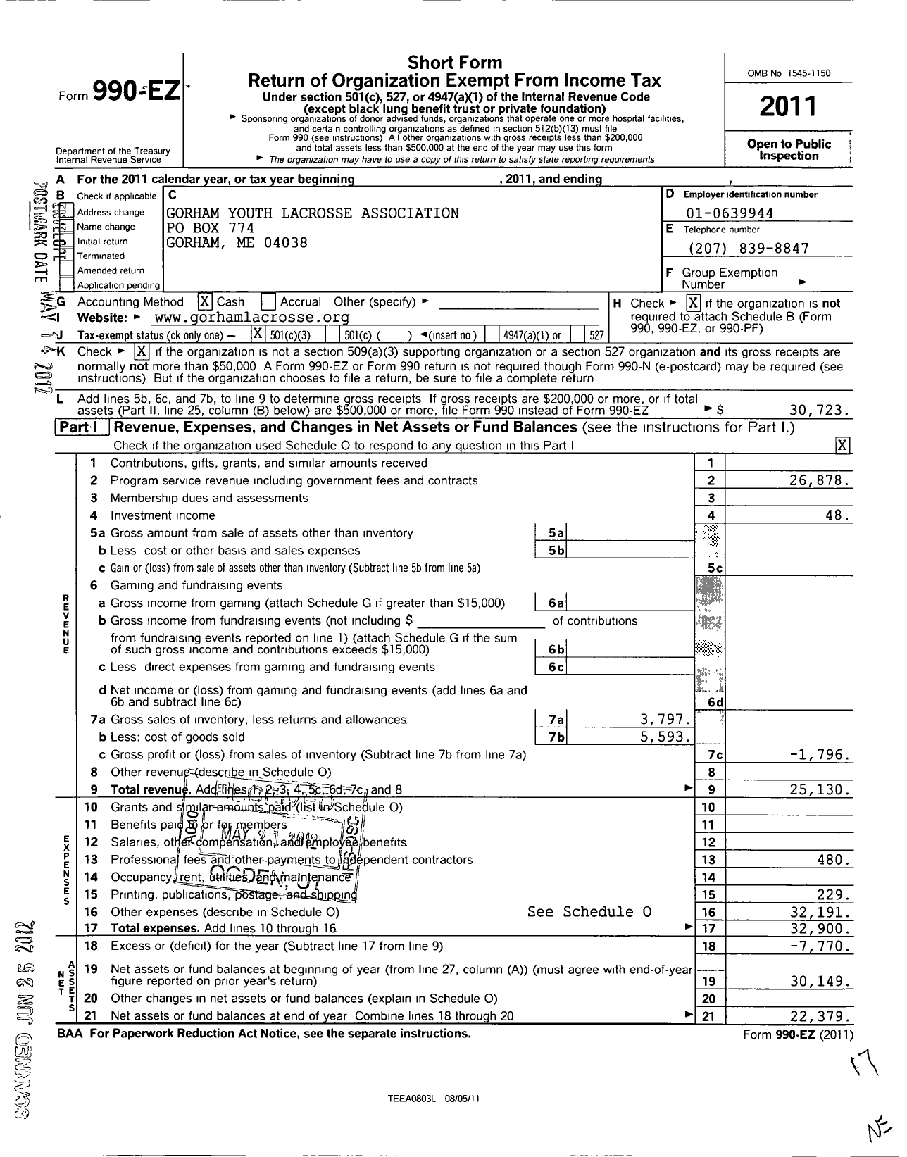 Image of first page of 2011 Form 990EZ for Gorham Youth Lacrose Association