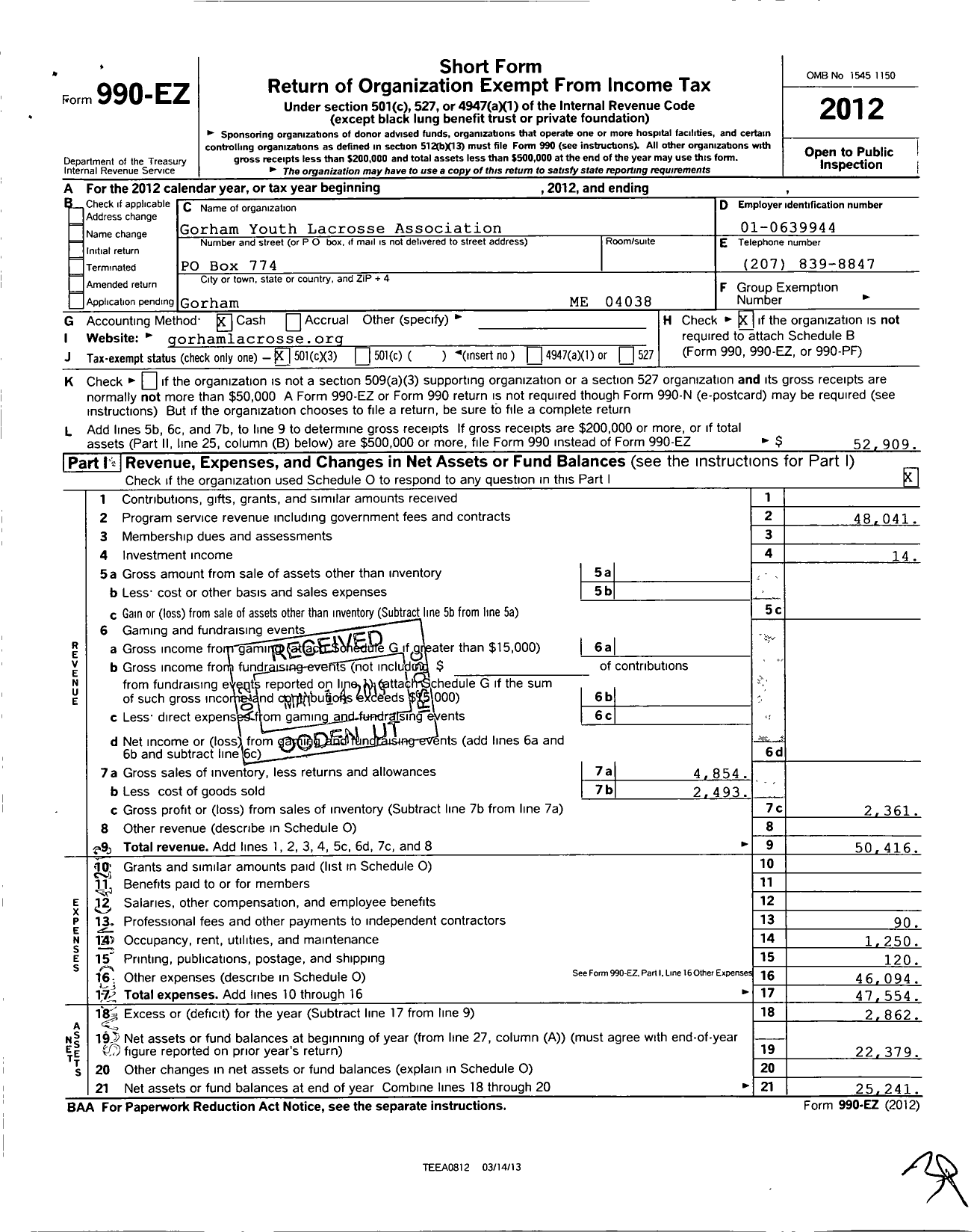 Image of first page of 2012 Form 990EZ for Gorham Youth Lacrose Association