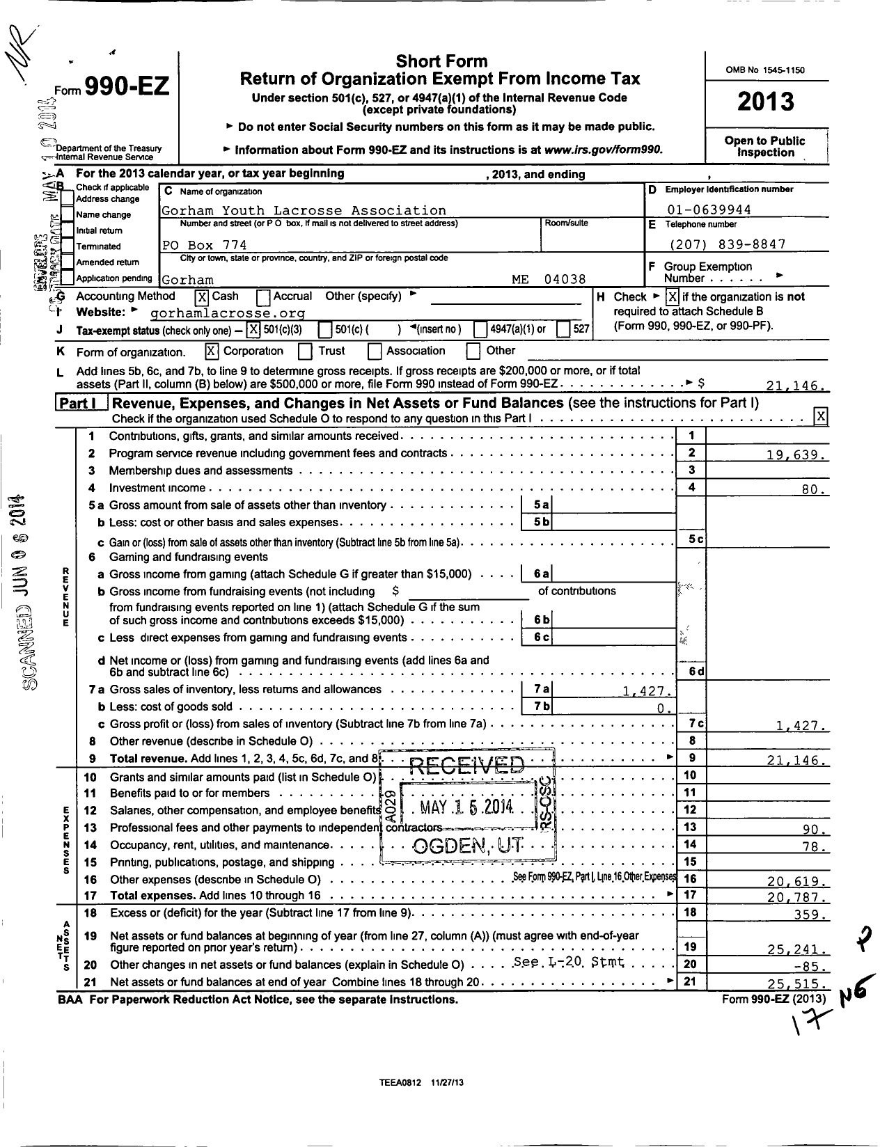 Image of first page of 2013 Form 990EZ for Gorham Youth Lacrose Association