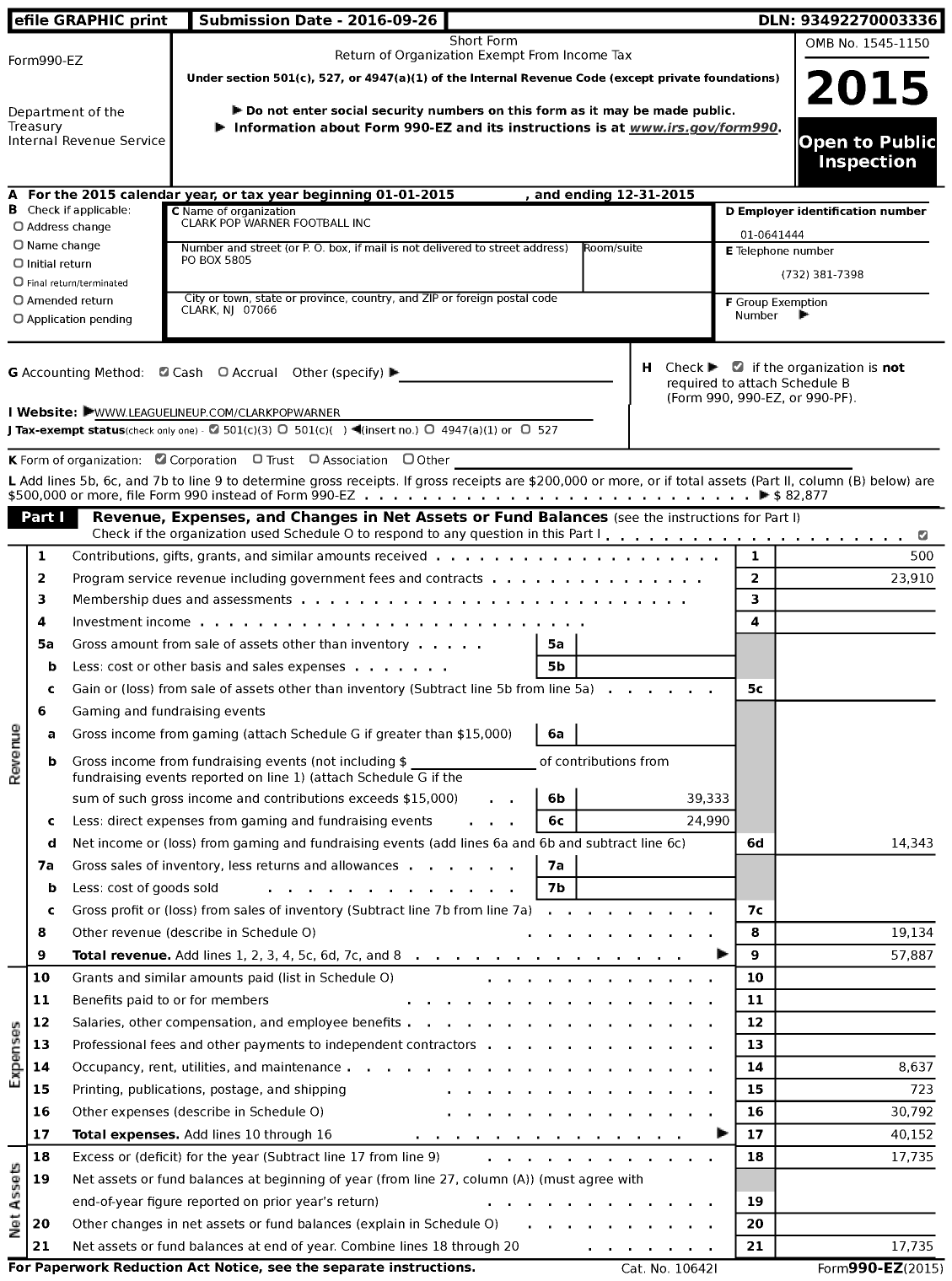 Image of first page of 2015 Form 990EZ for Clark Pop Warner Football