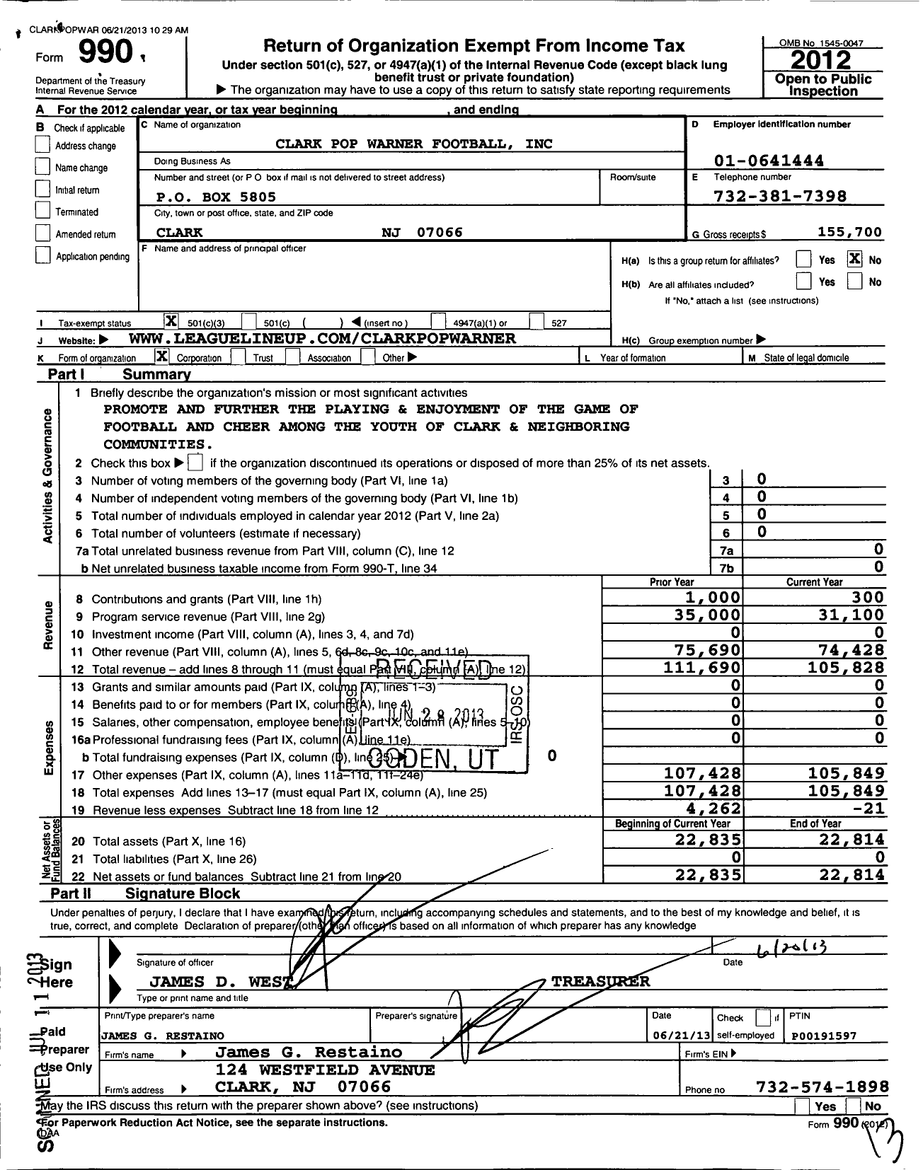 Image of first page of 2012 Form 990 for Clark Pop Warner Football