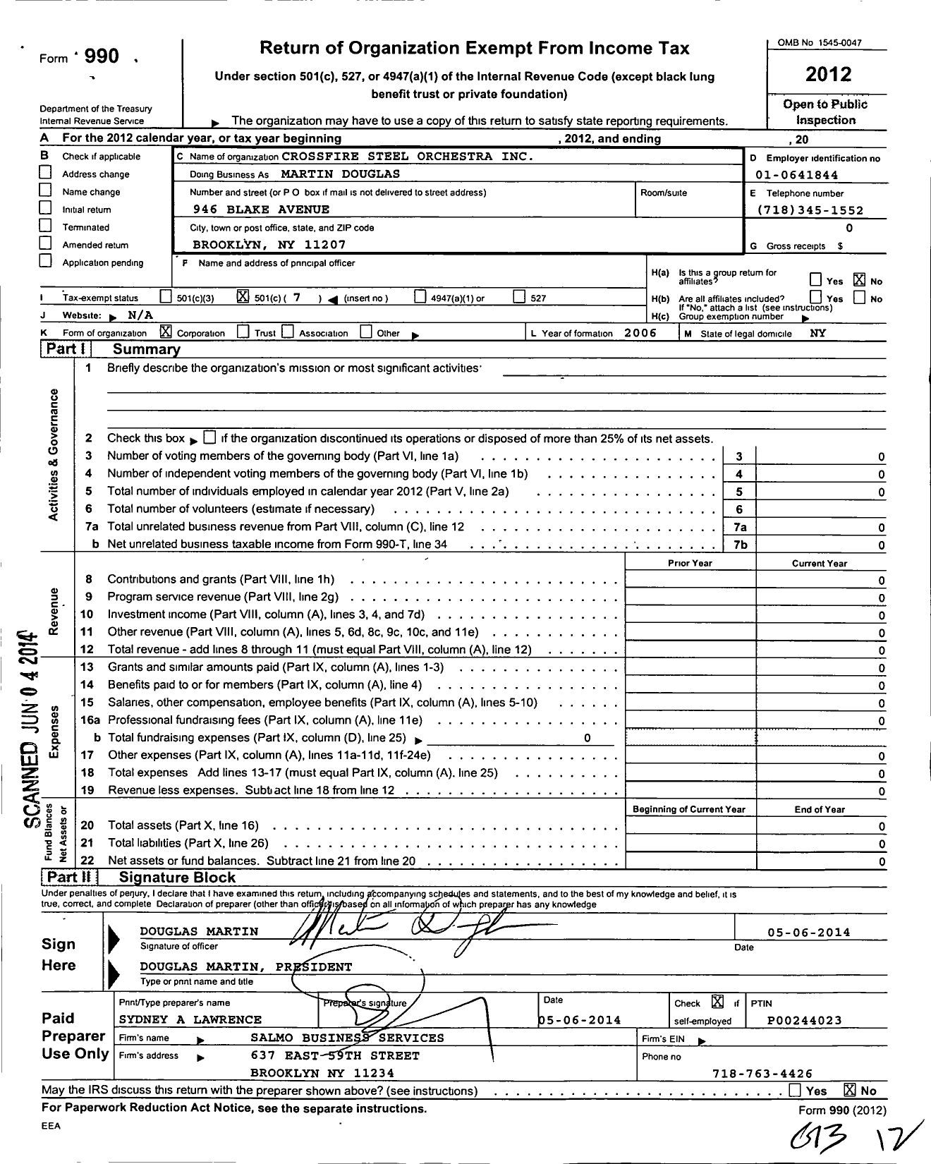 Image of first page of 2012 Form 990O for Crossfire Steel Orchestra