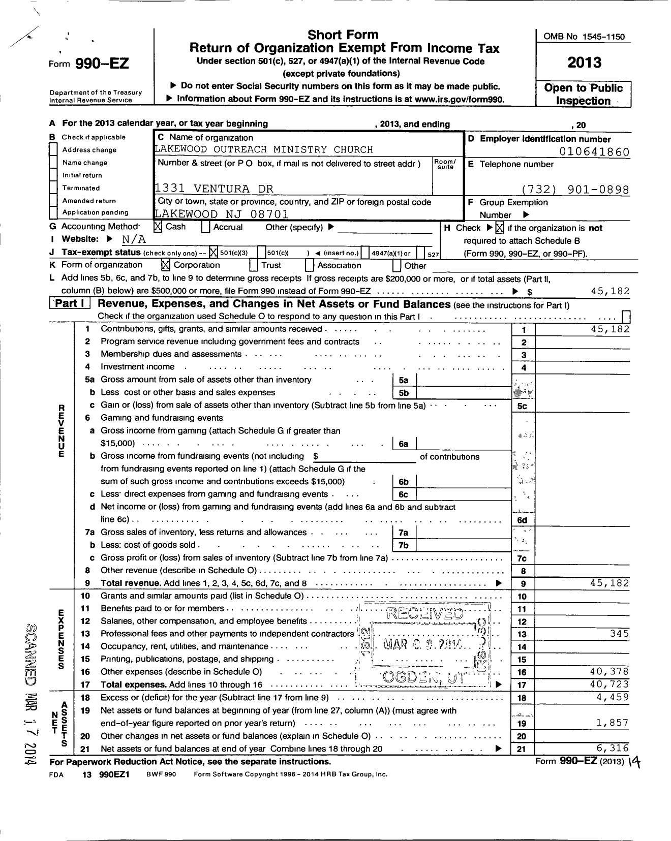 Image of first page of 2013 Form 990EZ for Lakewood Outreach Ministry Church