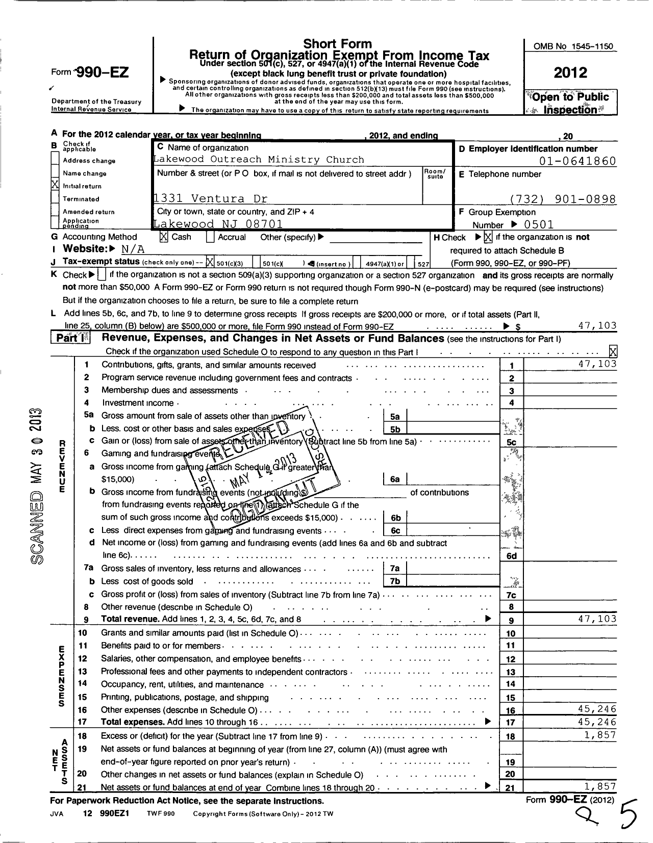 Image of first page of 2012 Form 990EZ for Lakewood Outreach Ministry Church