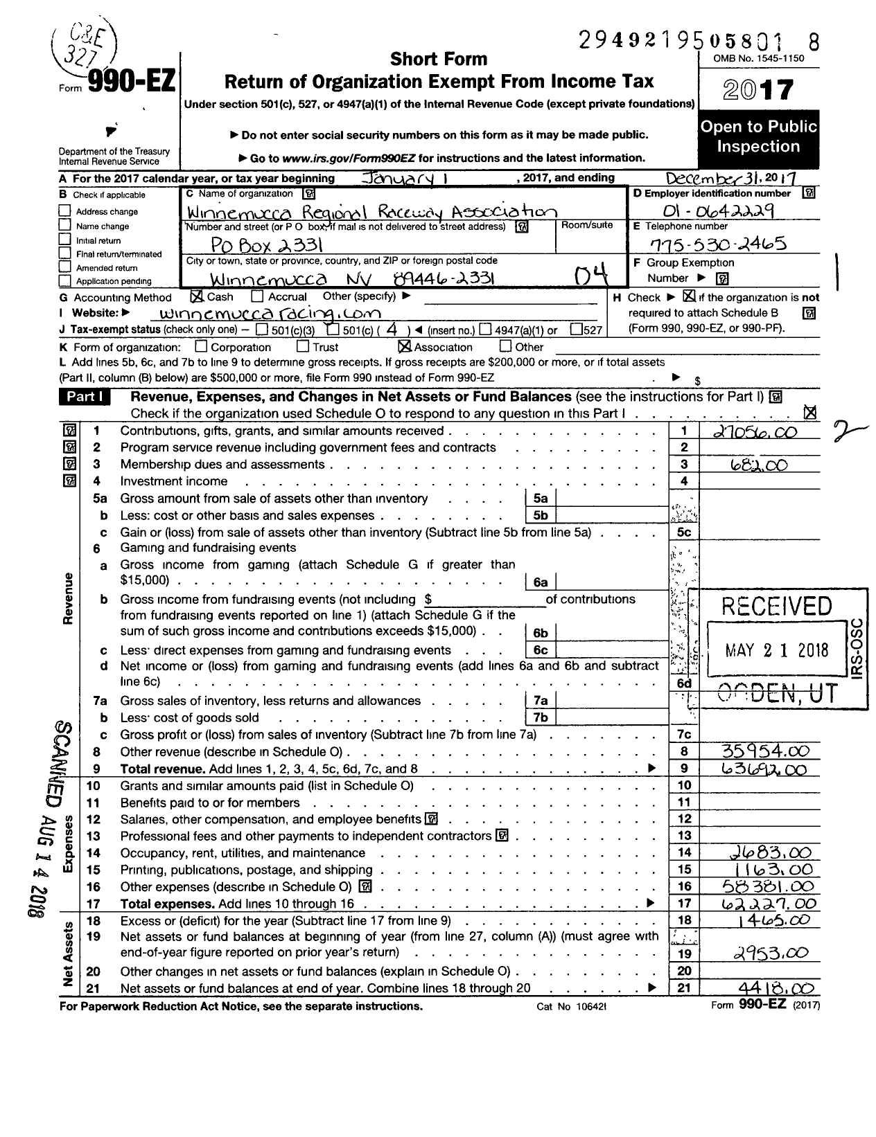 Image of first page of 2017 Form 990EO for Winnemucca Regional Raceway Association