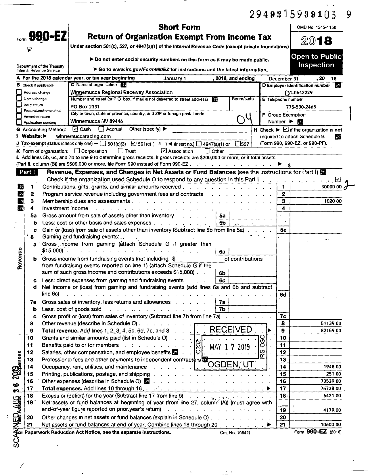 Image of first page of 2018 Form 990EO for Winnemucca Regional Raceway Association