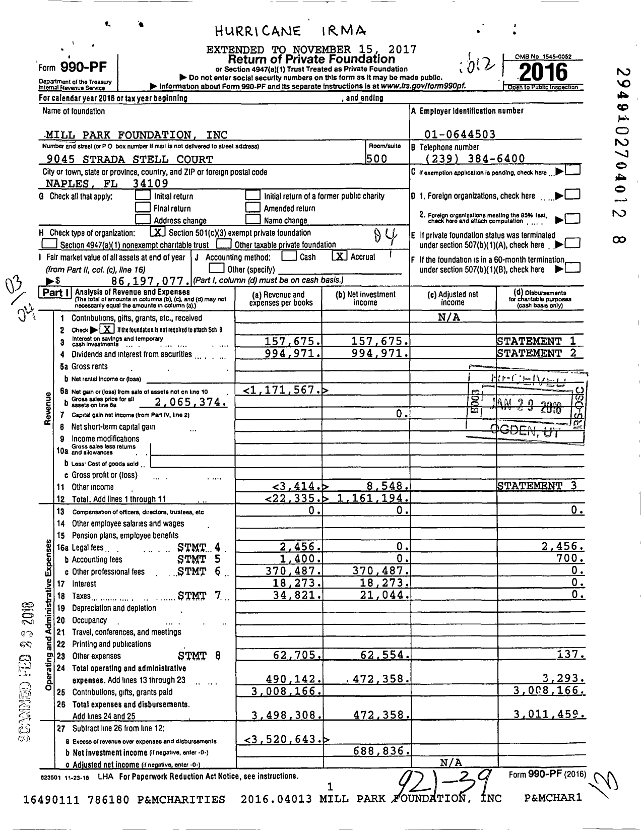 Image of first page of 2016 Form 990PF for The Mill Park Foundation