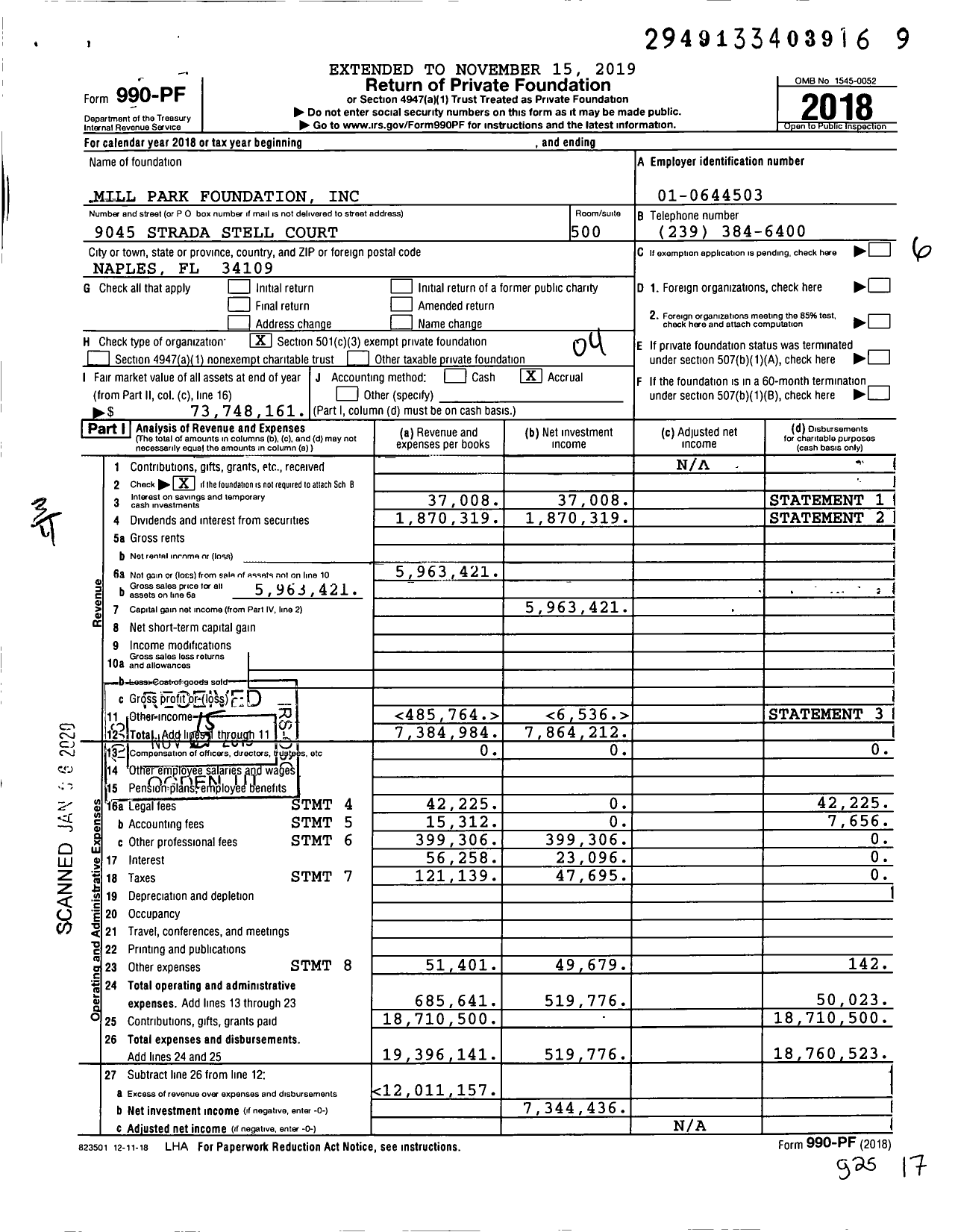 Image of first page of 2018 Form 990PF for The Mill Park Foundation