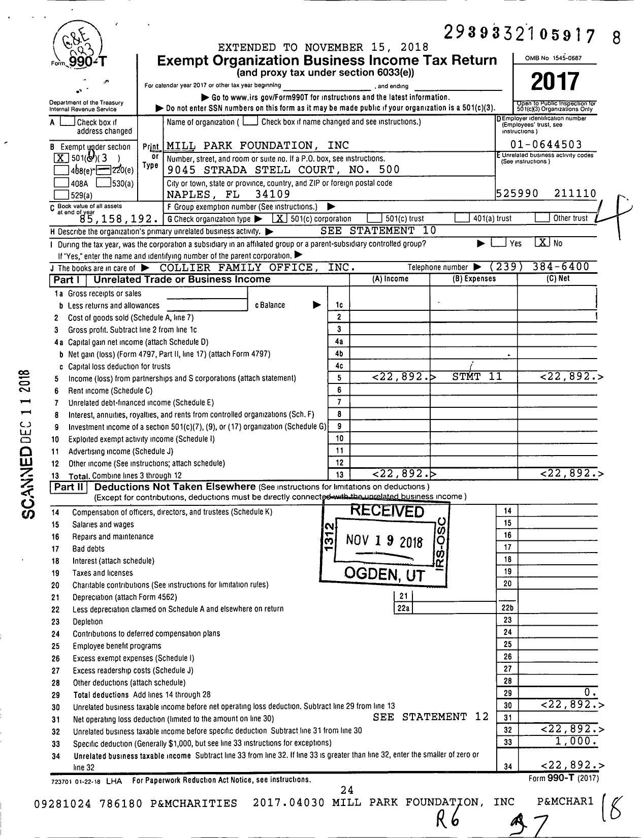 Image of first page of 2017 Form 990T for The Mill Park Foundation