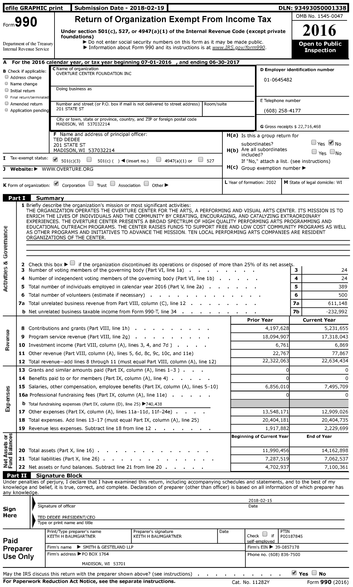 Image of first page of 2016 Form 990 for Overture Center Foundation