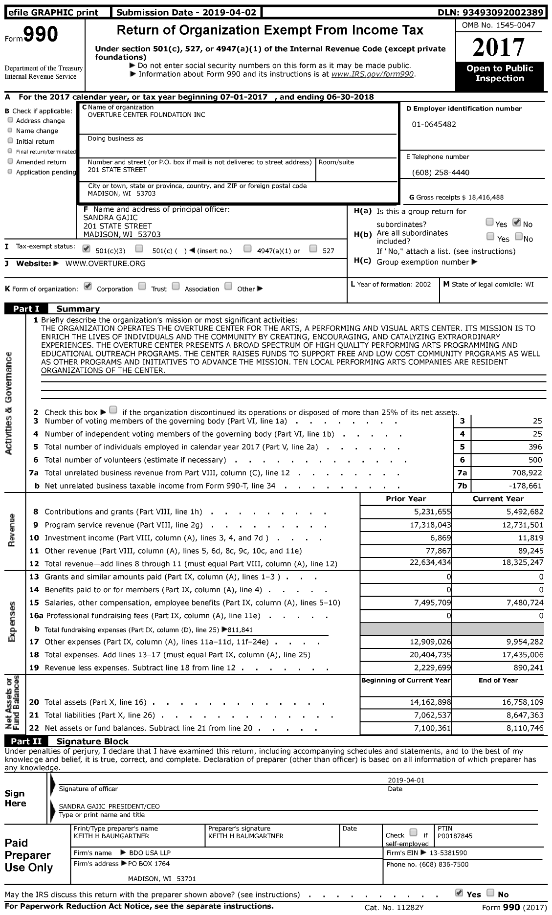 Image of first page of 2017 Form 990 for Overture Center Foundation