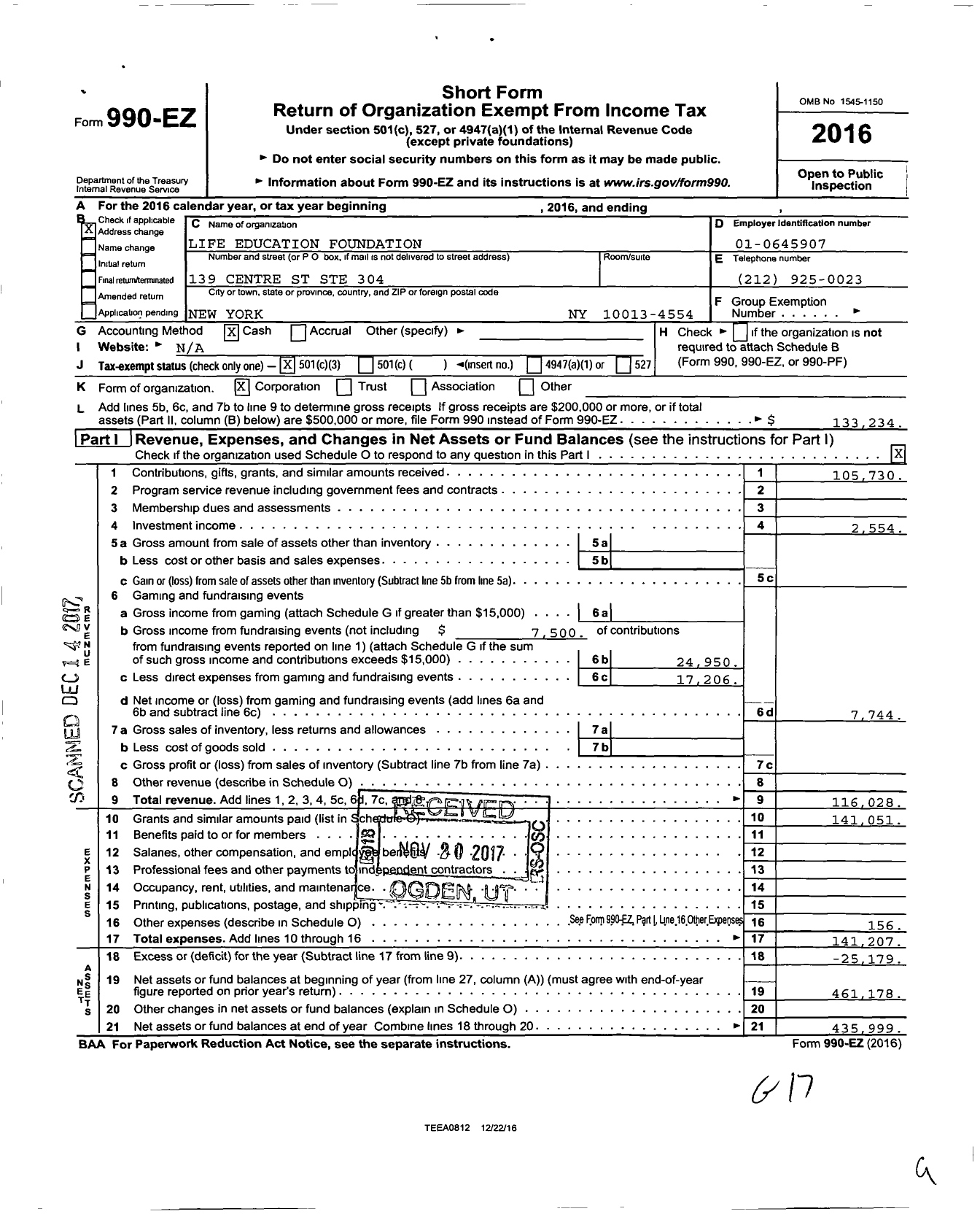 Image of first page of 2016 Form 990EZ for Life Education Foundation